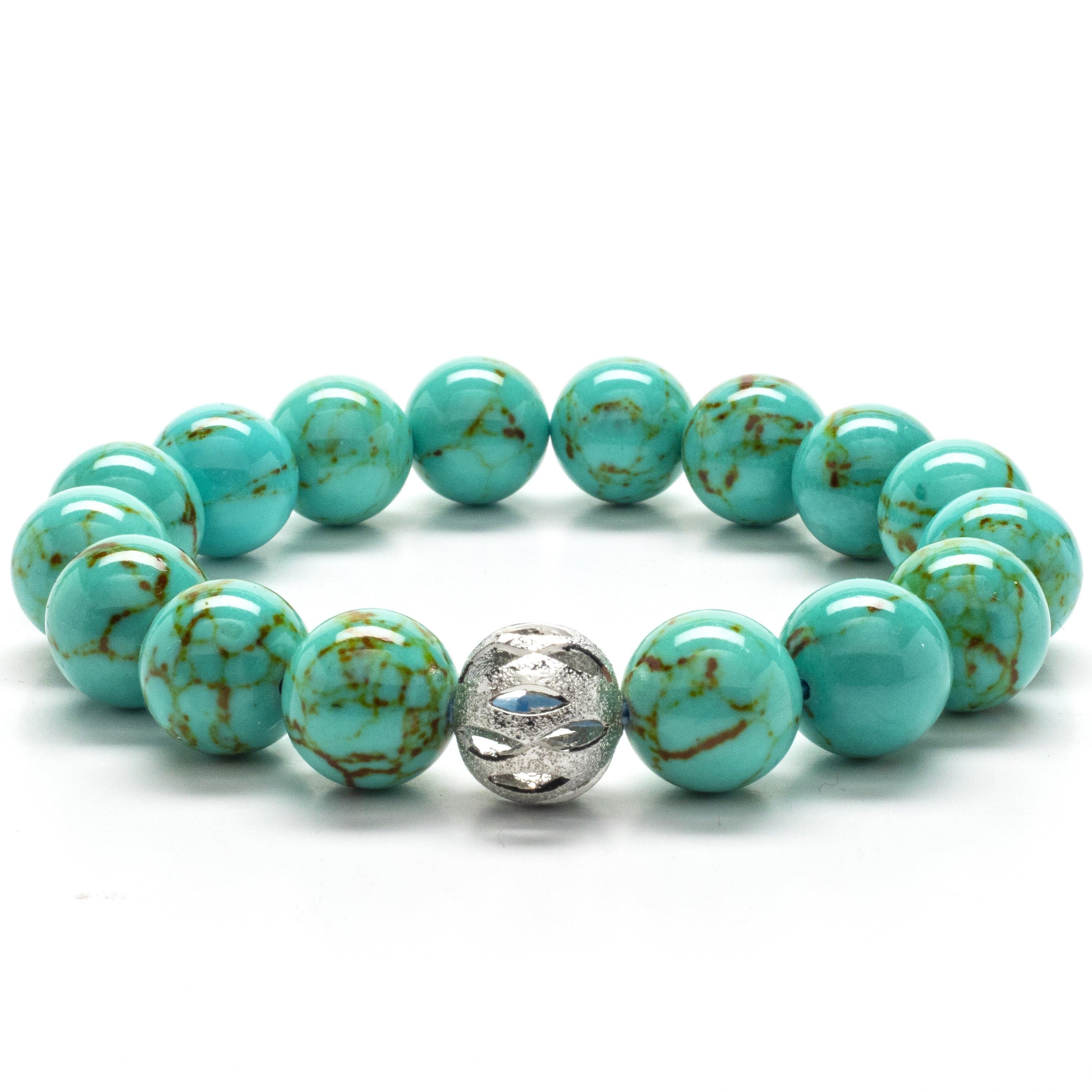 Kalifano Gemstone Bracelets Howlite Turquoise 12mm Gemstone Bead Elastic Braceletwith Silver Accent Bead RED-BGP-052