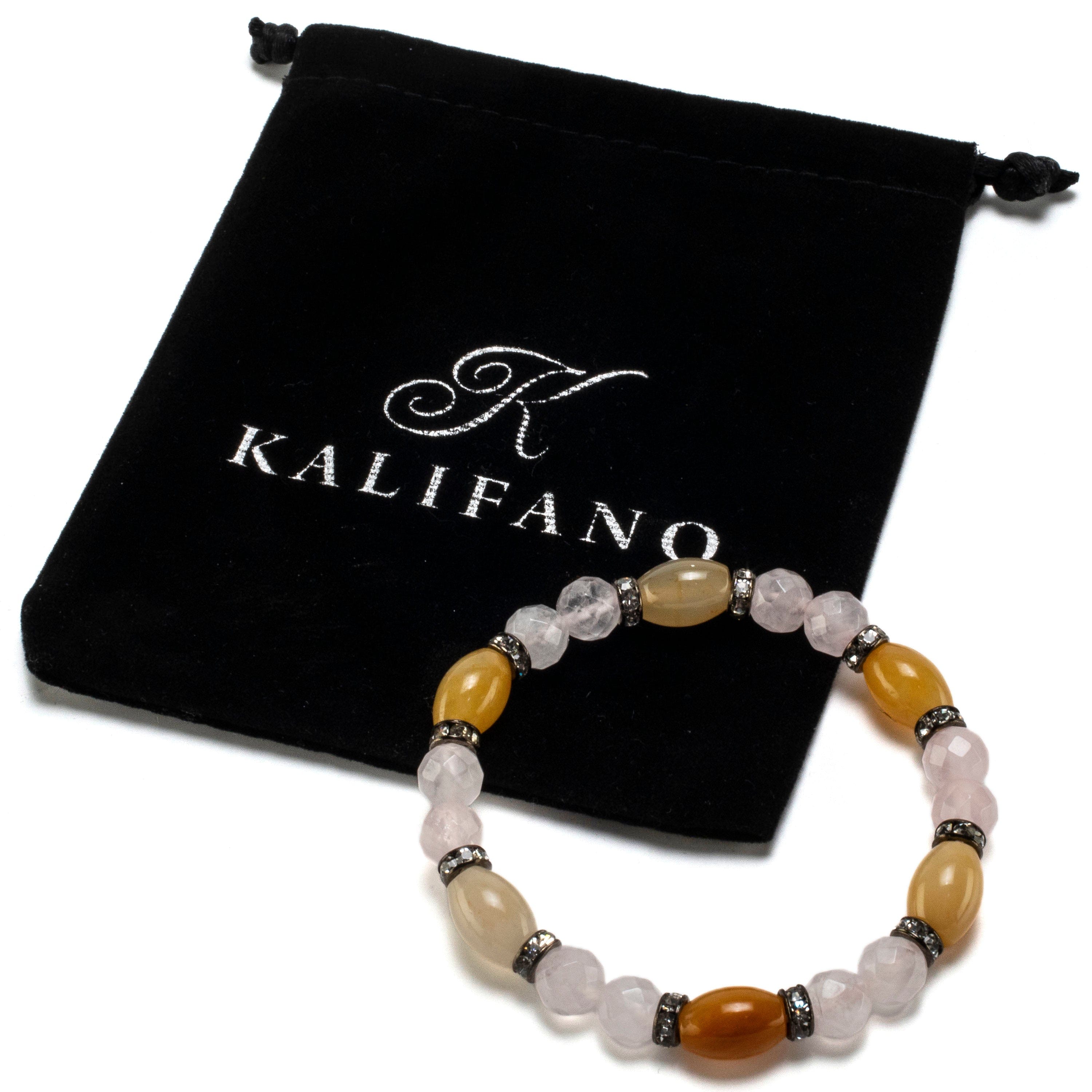 Kalifano Gemstone Bracelets Oval Butter Jade and Round Faceted Rose Quartz with Crystal Accent Beads Gemstone Elastic Bracelet BLUE-BGP-026