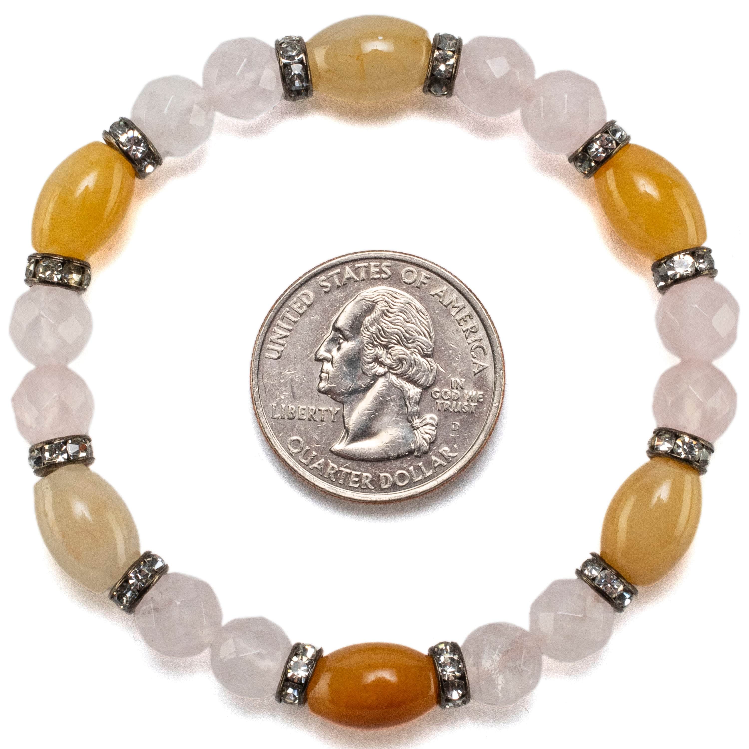 Kalifano Gemstone Bracelets Oval Butter Jade and Round Faceted Rose Quartz with Crystal Accent Beads Gemstone Elastic Bracelet BLUE-BGP-026