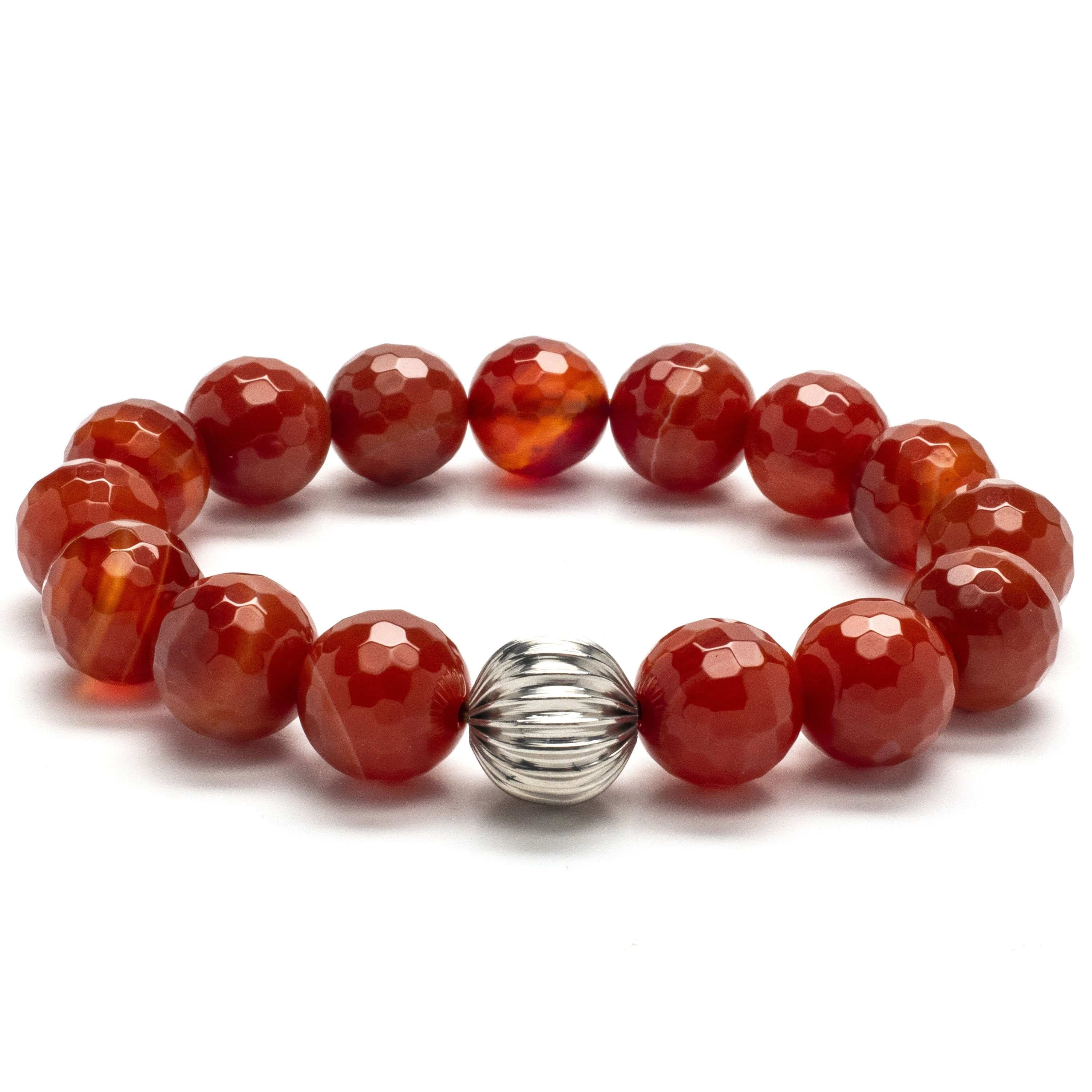 Kalifano Gemstone Bracelets PLAT-BGP-014 - Faceted Carnelian 12mm Gemstone Bead Elastic Bracelet with Silver Accent Bead PLAT-BGP-014
