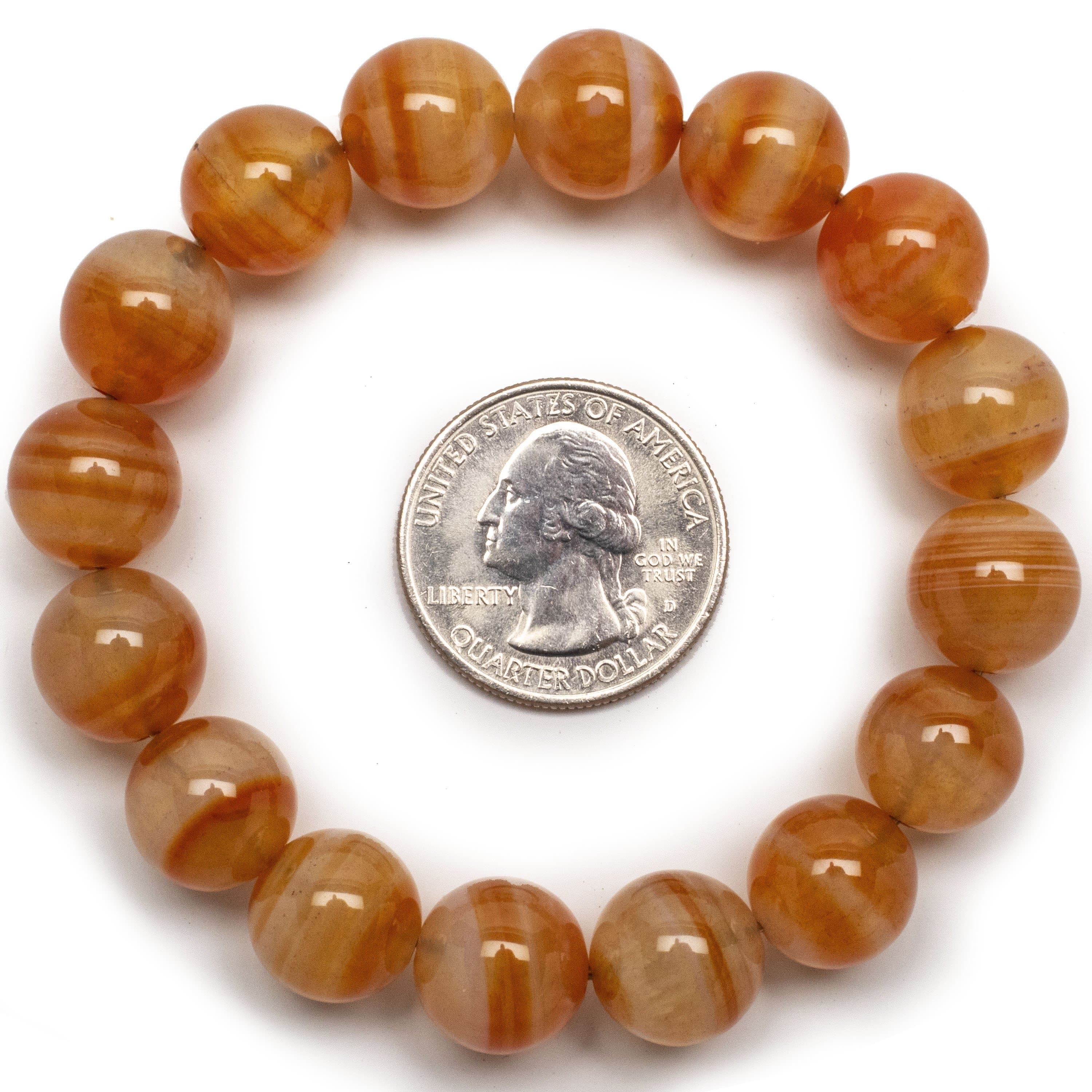 Kalifano Gemstone Bracelets Polished Banded Carnelian 12mm Gemstone Bead Elastic Bracelet RED-BGP-015