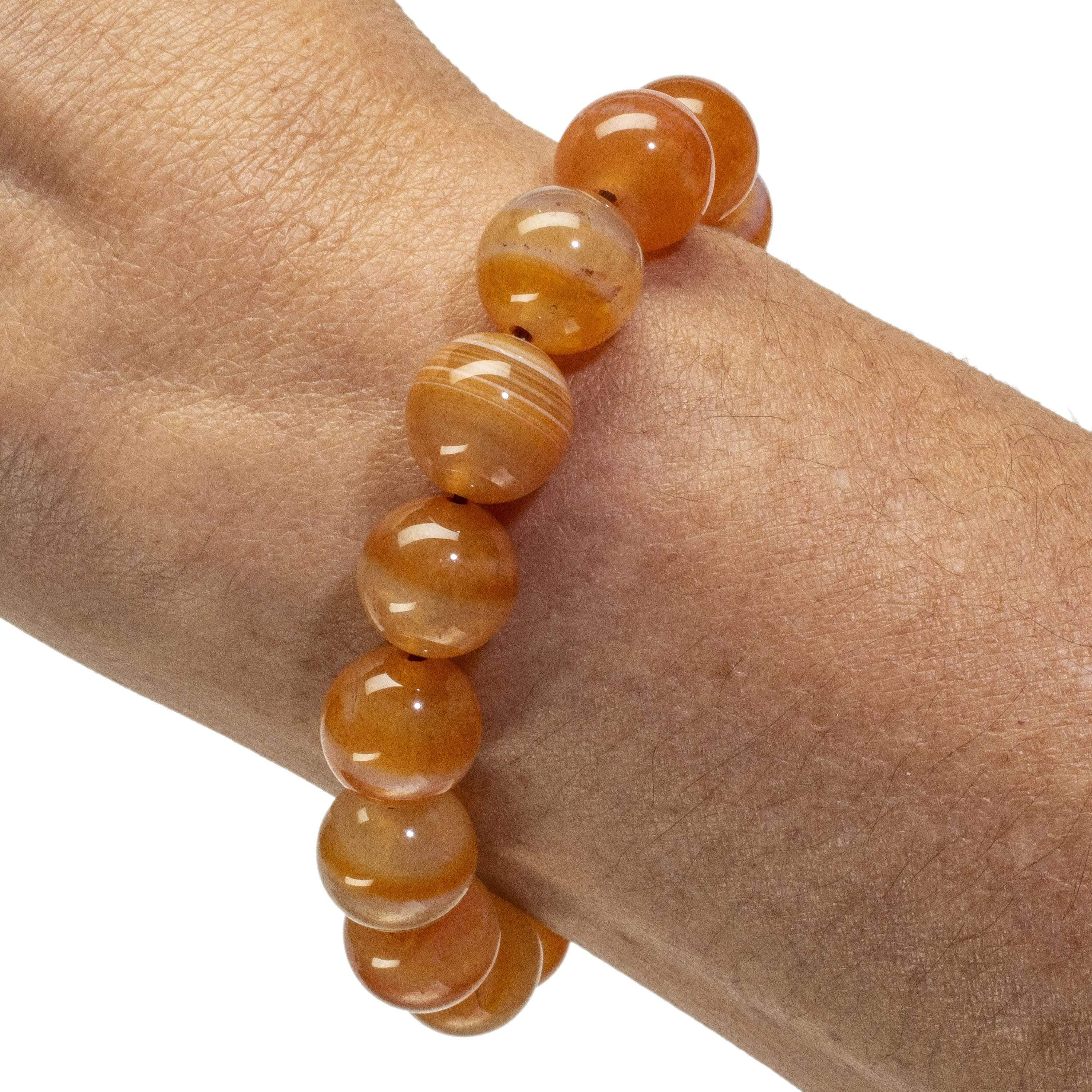 Kalifano Gemstone Bracelets Polished Banded Carnelian 12mm Gemstone Bead Elastic Bracelet RED-BGP-015