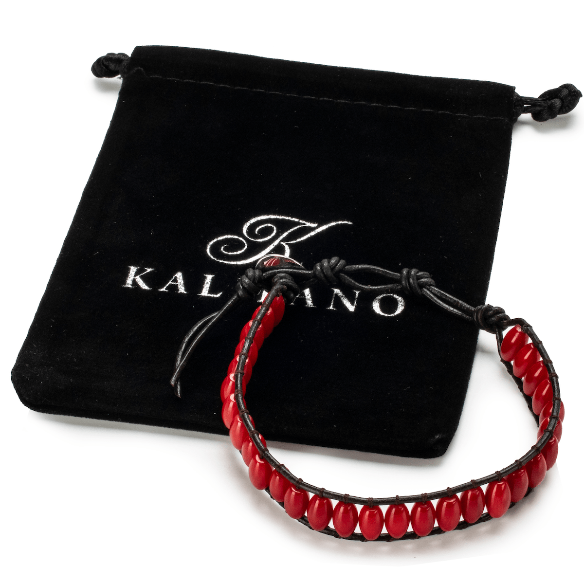 Kalifano Gemstone Bracelets Red Coral Leather Rope Wrap Bracelet RED-BGP-022