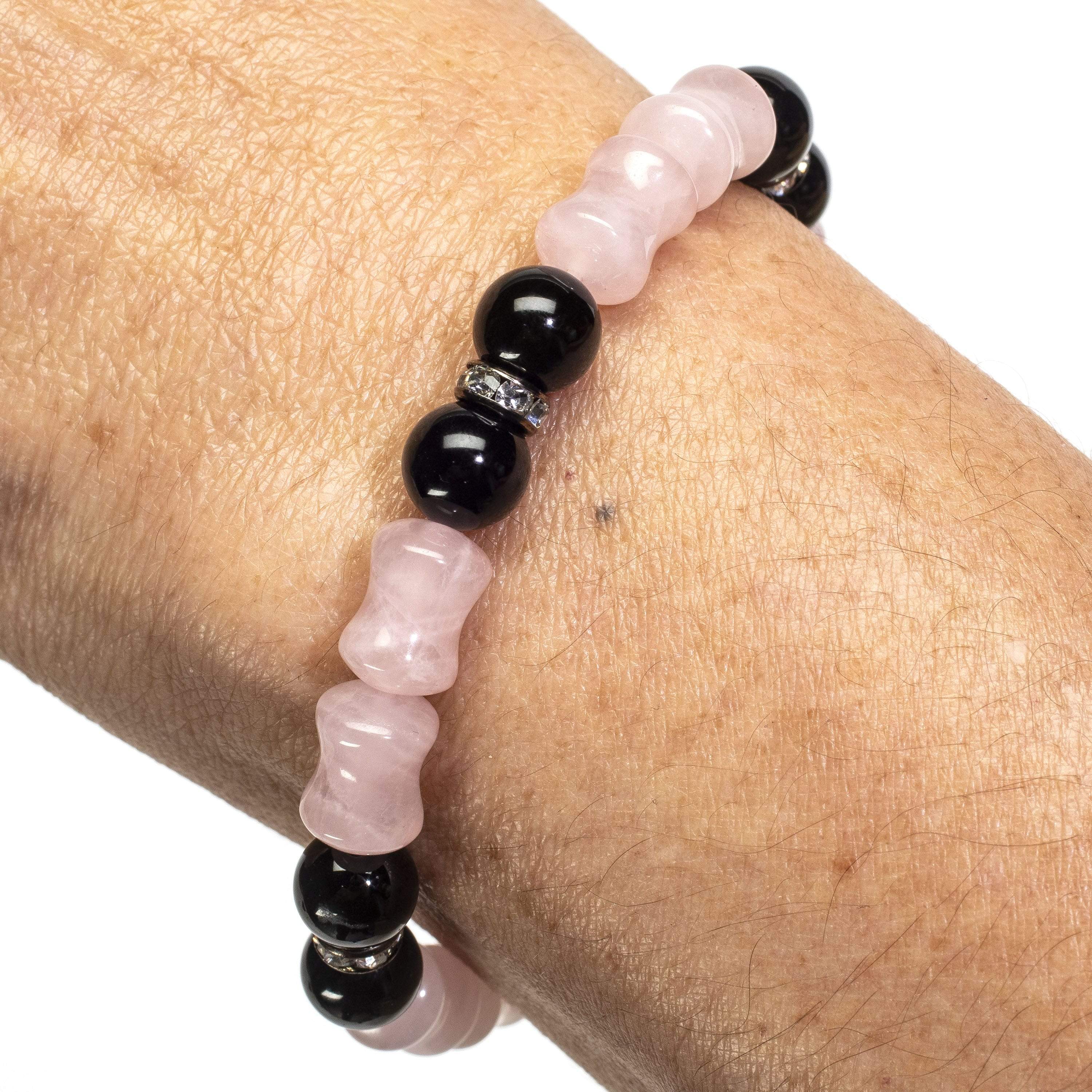 Kalifano Gemstone Bracelets Rose Quartz and Black Agate Crystal Accent Beads Gemstone Elastic Bracelet WHITE-BGP-033