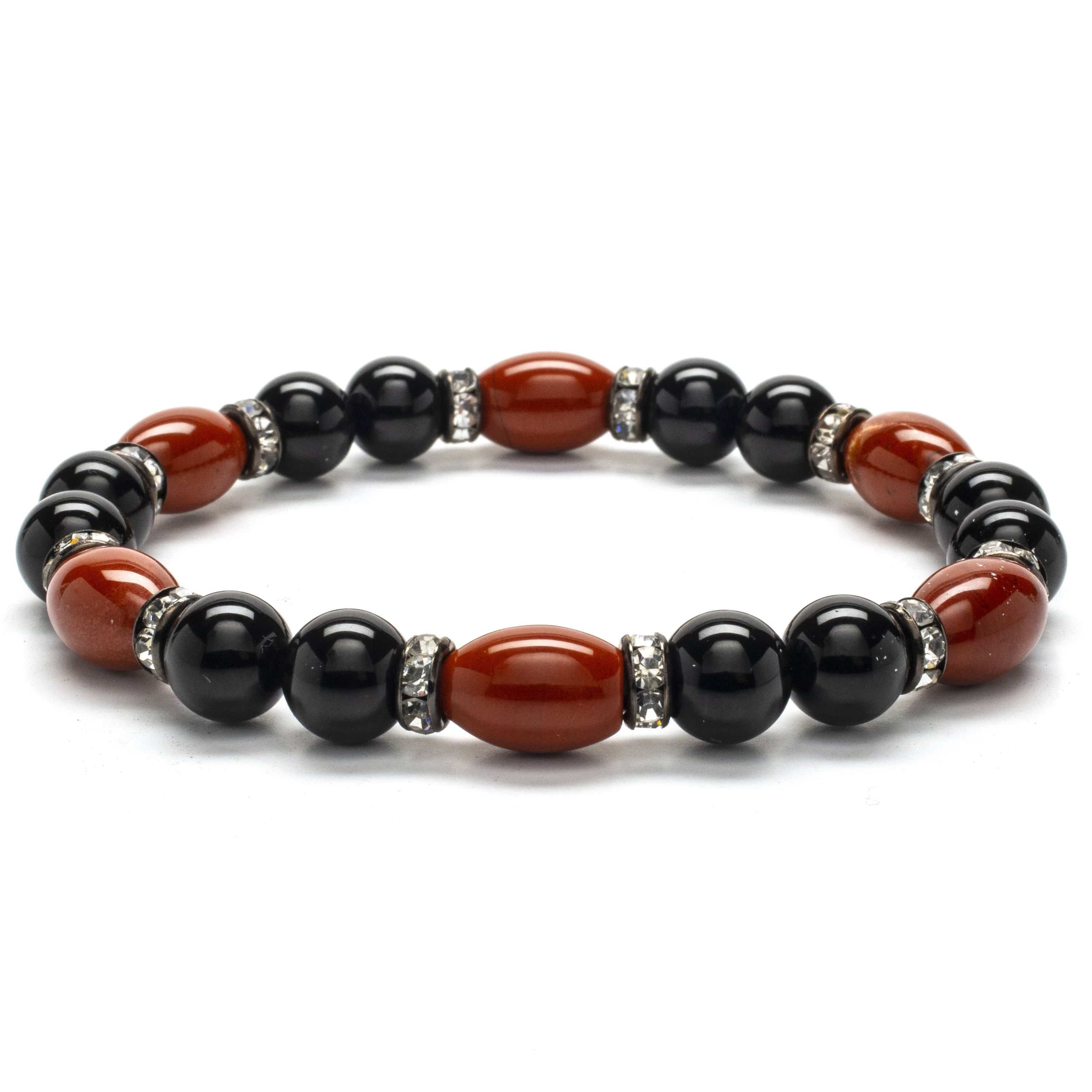 Kalifano Gemstone Bracelets Round Black Agate and Oval Carnelian Gemstone Bead Elastic Braceletwith Crystal Accent Beads WHITE-BGP-024