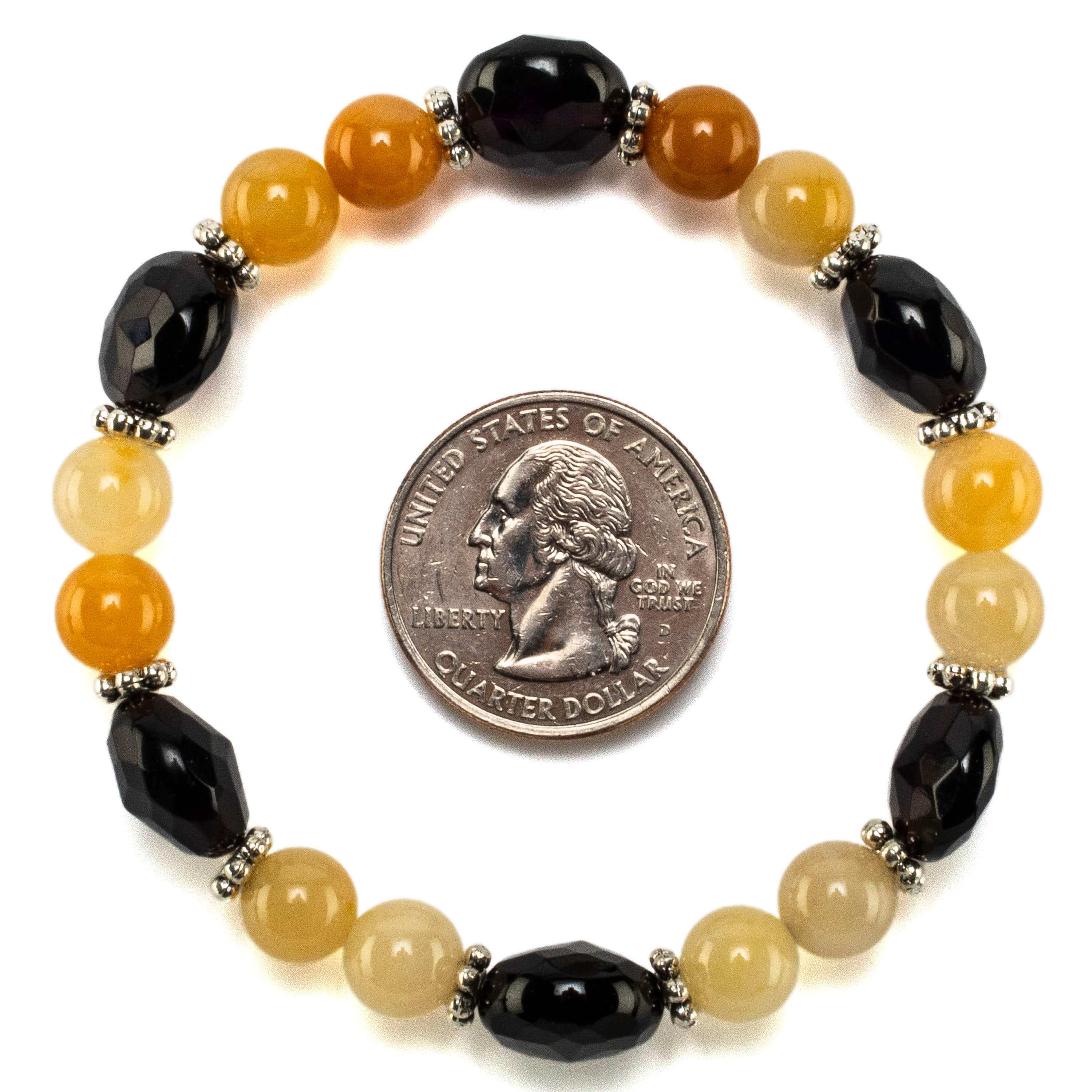 Kalifano Gemstone Bracelets Round Butter Jade and Faceted Flat Circle Black Agate with Accent Beads Gemstone Elastic Bracelet BLUE-BGP-040