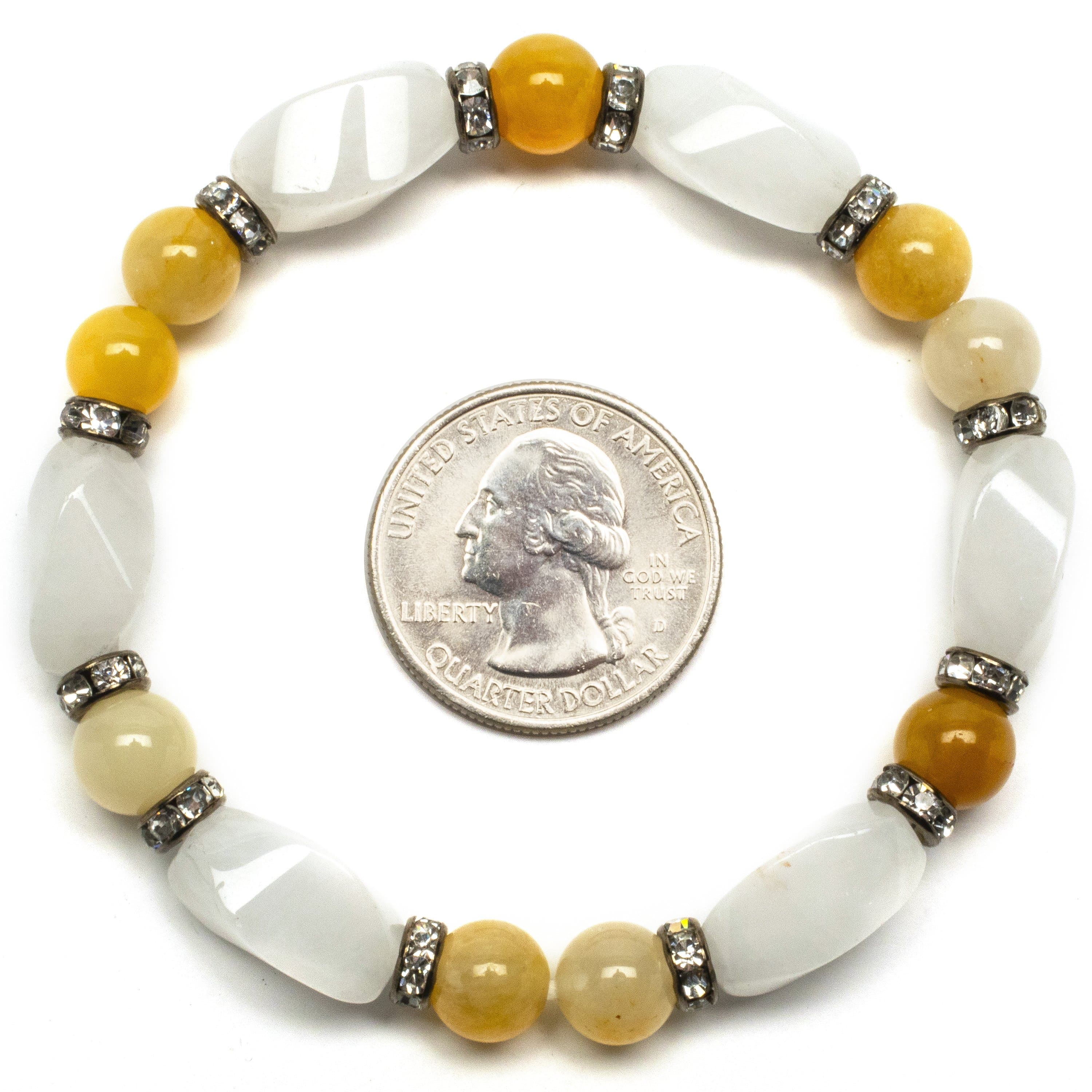 Kalifano Gemstone Bracelets Round Butter Jade and Light Rose Quartz Gemstone Elastic Braceletwith Crystal Accent Beads WHITE-BGP-022