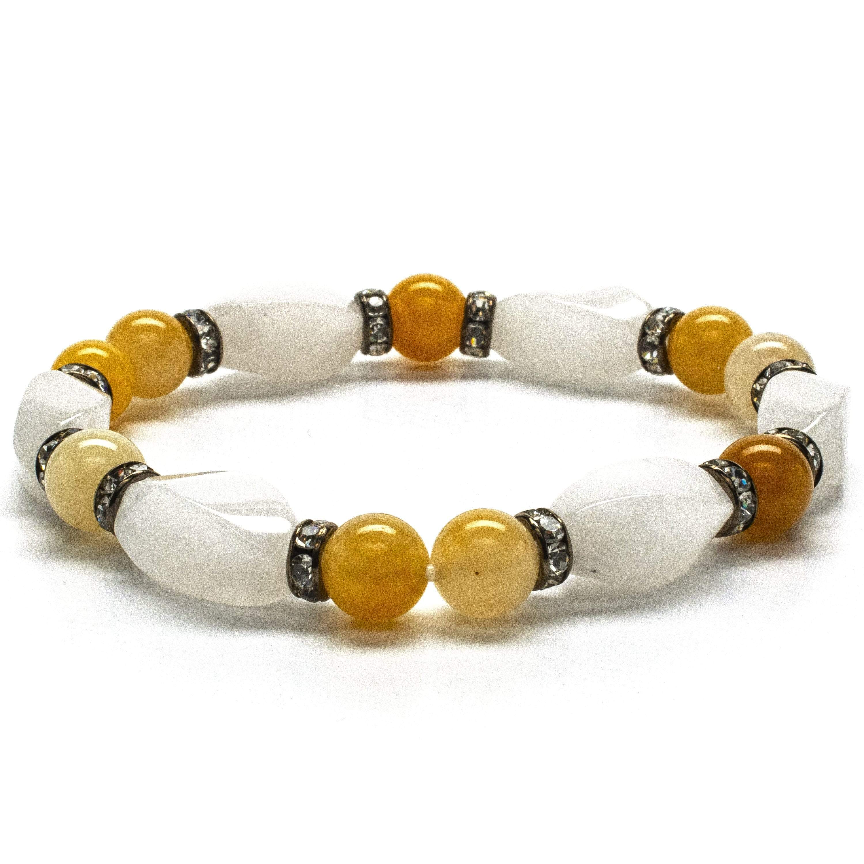 Kalifano Gemstone Bracelets Round Butter Jade and Light Rose Quartz Gemstone Elastic Braceletwith Crystal Accent Beads WHITE-BGP-022