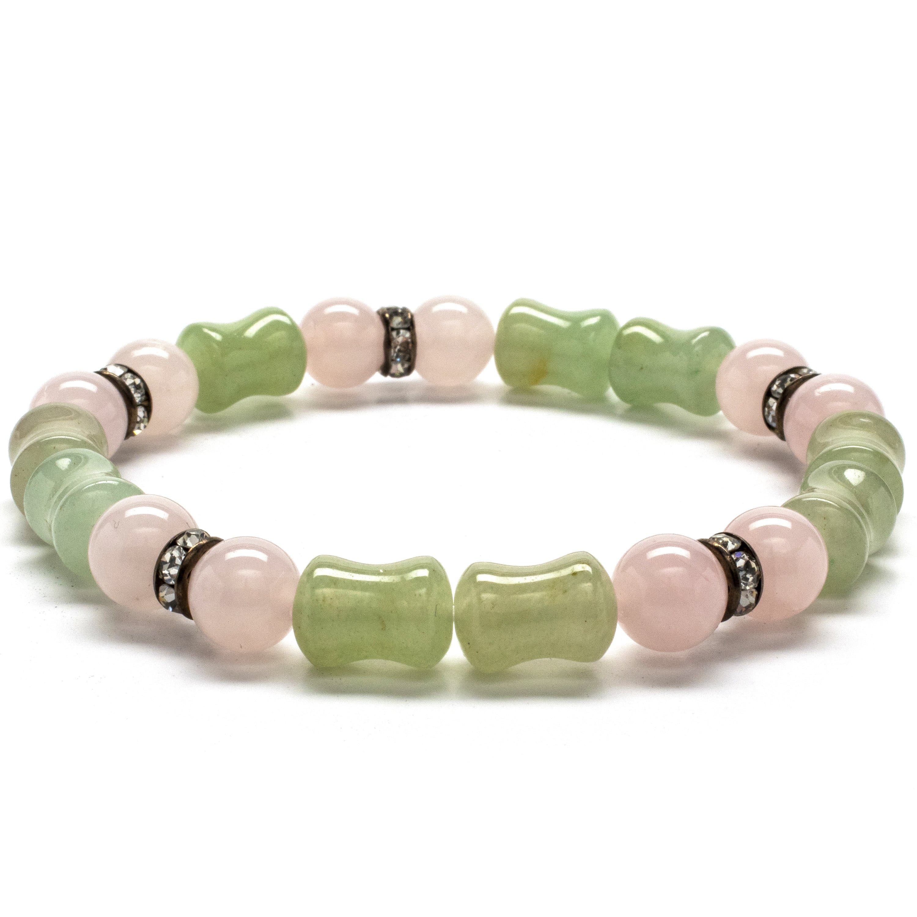Kalifano Gemstone Bracelets Round Rose Quartz and Hourglass Aventurine Gemstone Elastic Braceletwith Crystal Accent Beads WHITE-BGP-014