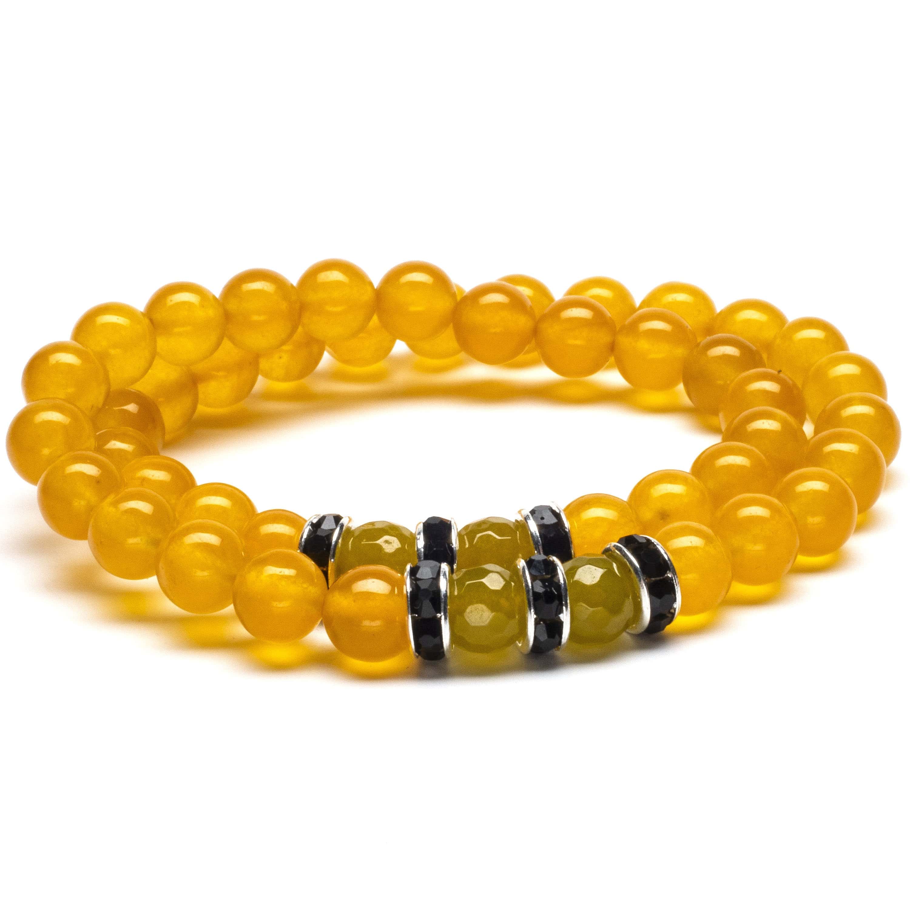 Kalifano Gemstone Bracelets Yellow Agate 8mm Beads with Green Agate and Black and Silver Accent Beads Double Wrap Elastic Gemstone Bracelet WHITE-BGI2-027