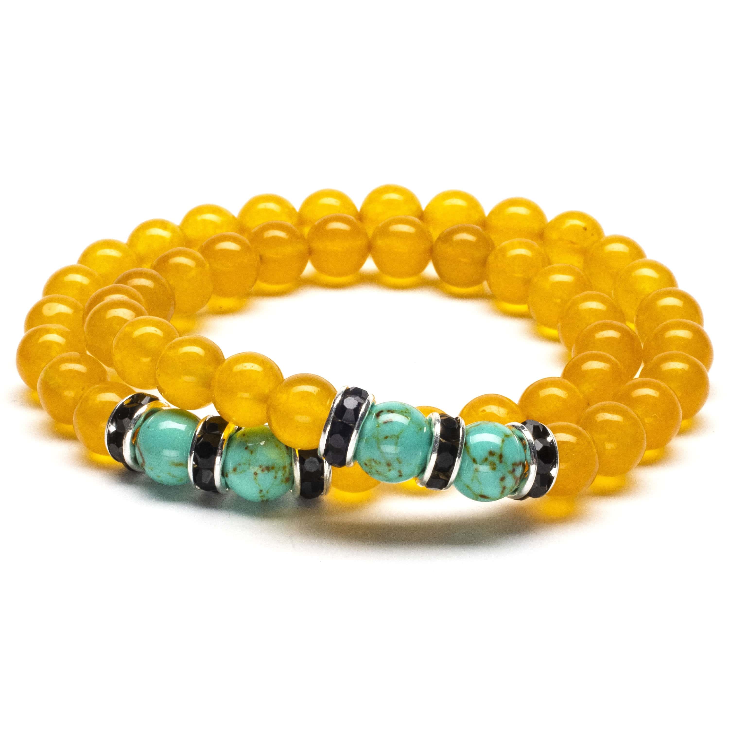 Kalifano Gemstone Bracelets Yellow Agate 8mm Beads with Howlite Turquoise and Black and Silver Accent Beads Double Wrap Elastic Gemstone Bracelet WHITE-BGI2-029