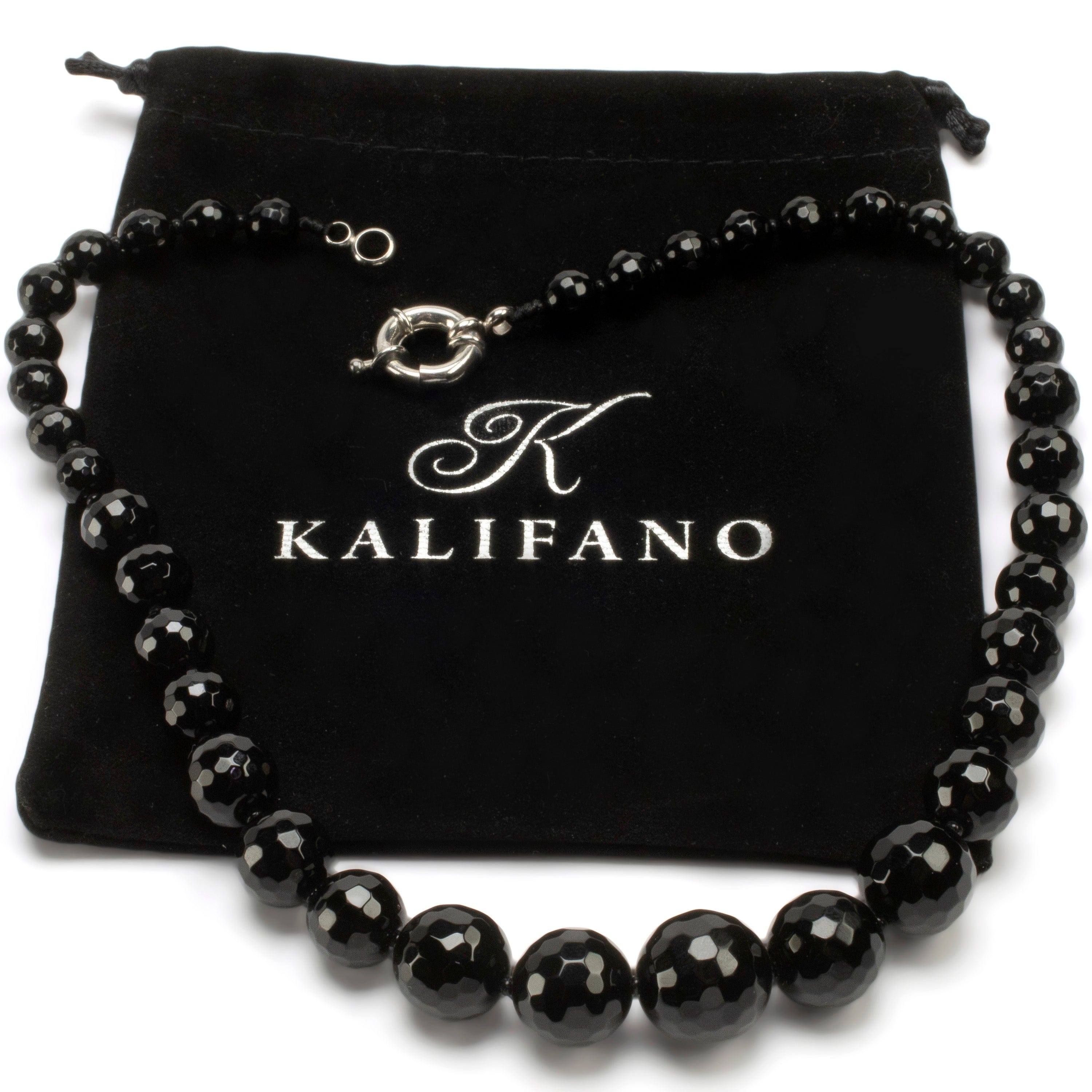 KALIFANO Gemstone Necklaces Black Agate Beads Gemstone Necklace GOLD-NGP-016