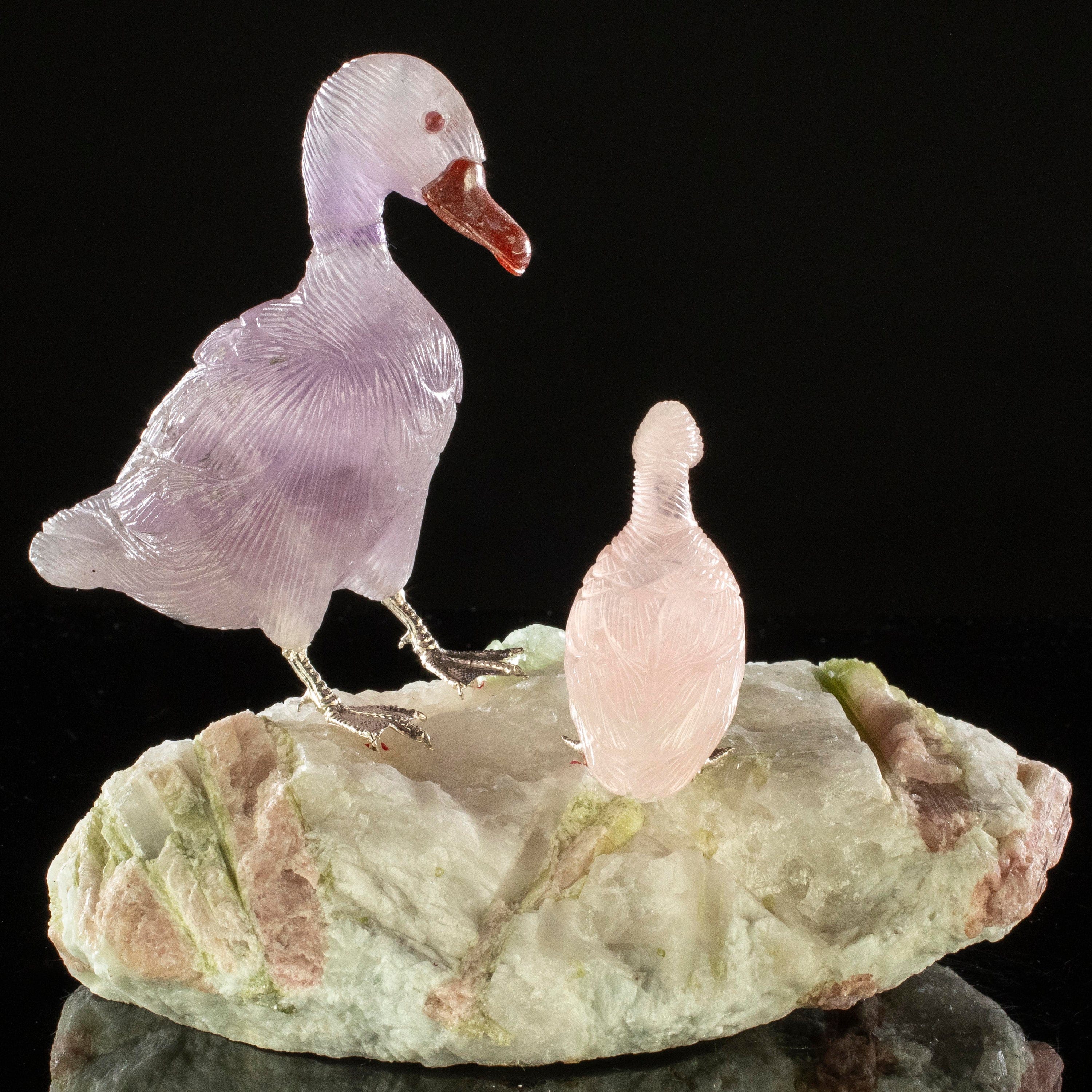 Kalifano Love Birds Carvings Amethyst and Rose Quartz Duck Couple Love Birds Carving on Watermelon Tourmaline Base LB.D216.001