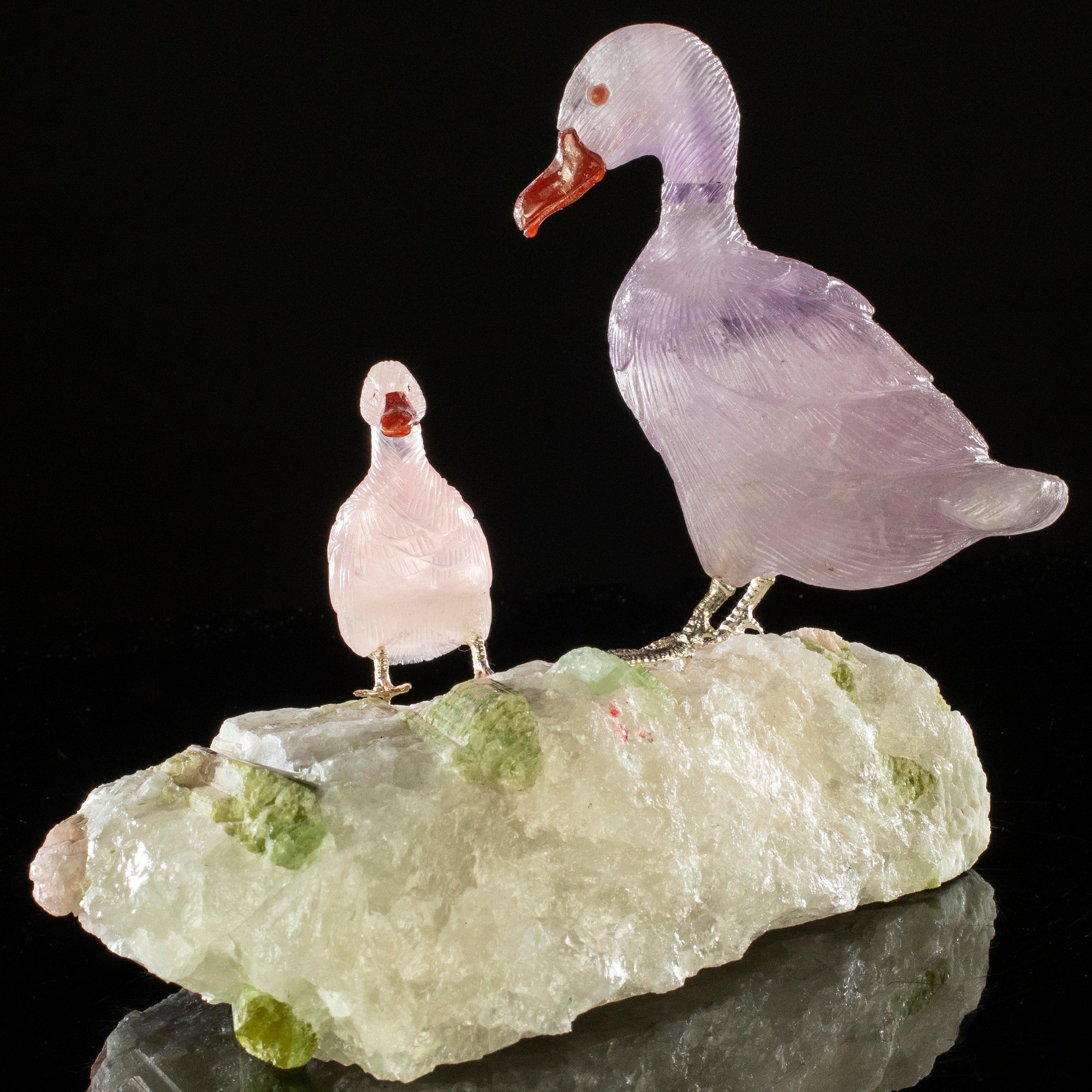 Kalifano Love Birds Carvings Amethyst and Rose Quartz Duck Couple Love Birds Carving on Watermelon Tourmaline Base LB.D216.001