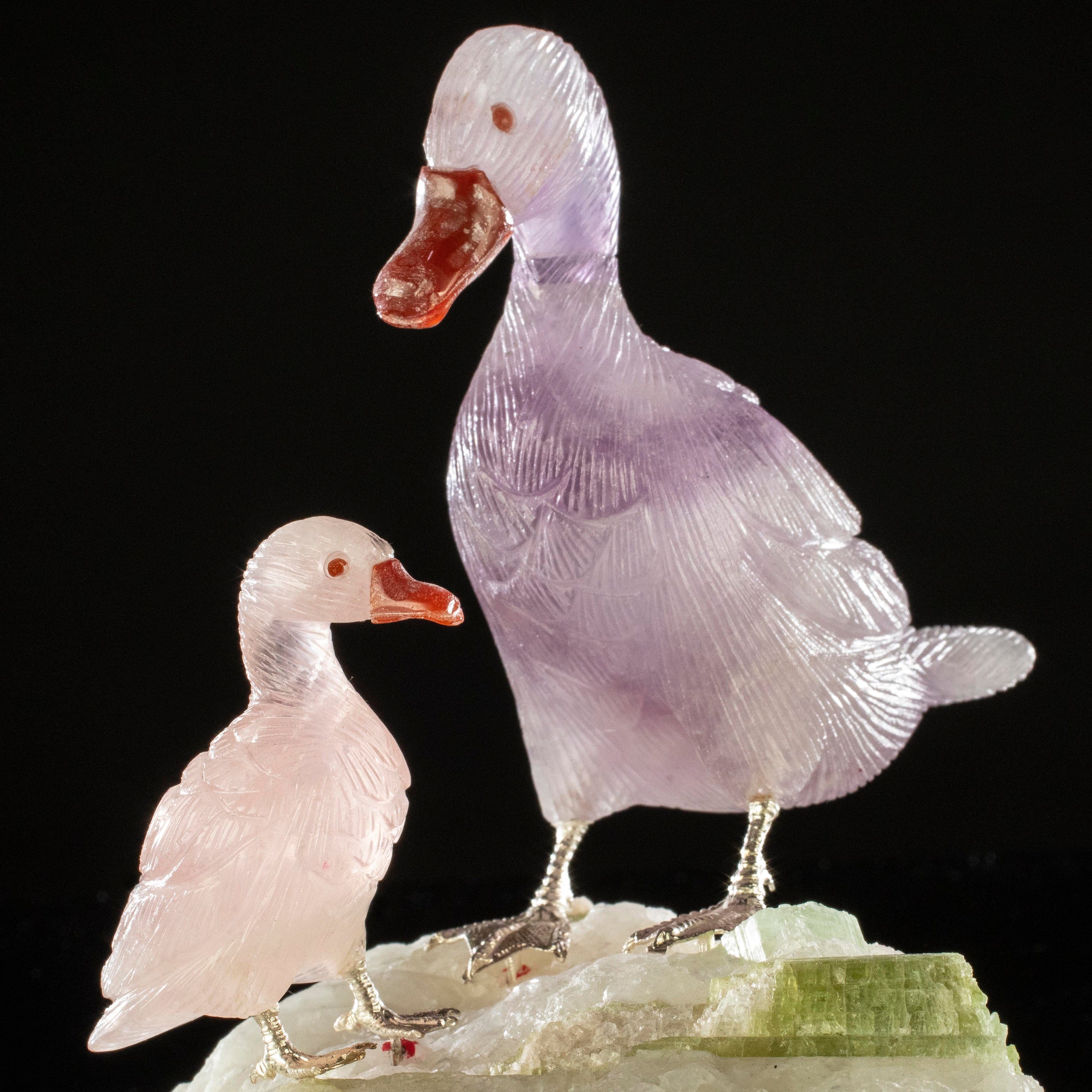 Kalifano Love Birds Carvings Amethyst and Rose Quartz Duck Couple Love Birds Carving on Watermelon Tourmaline Base LB.D216.001