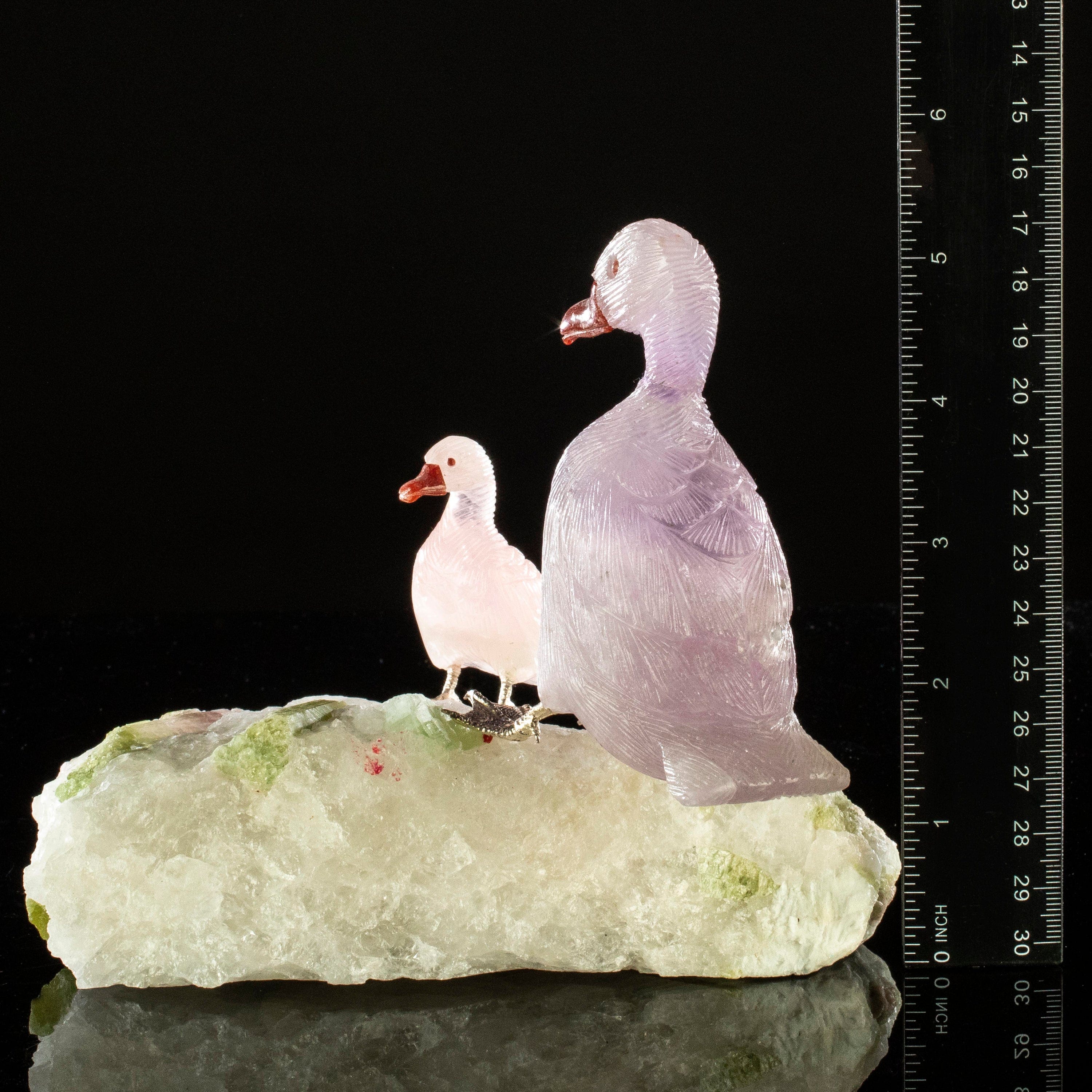 Kalifano Love Birds Carvings Amethyst and Rose Quartz Duck Couple Love Birds Carving on Watermelon Tourmaline Base LB.D216.001