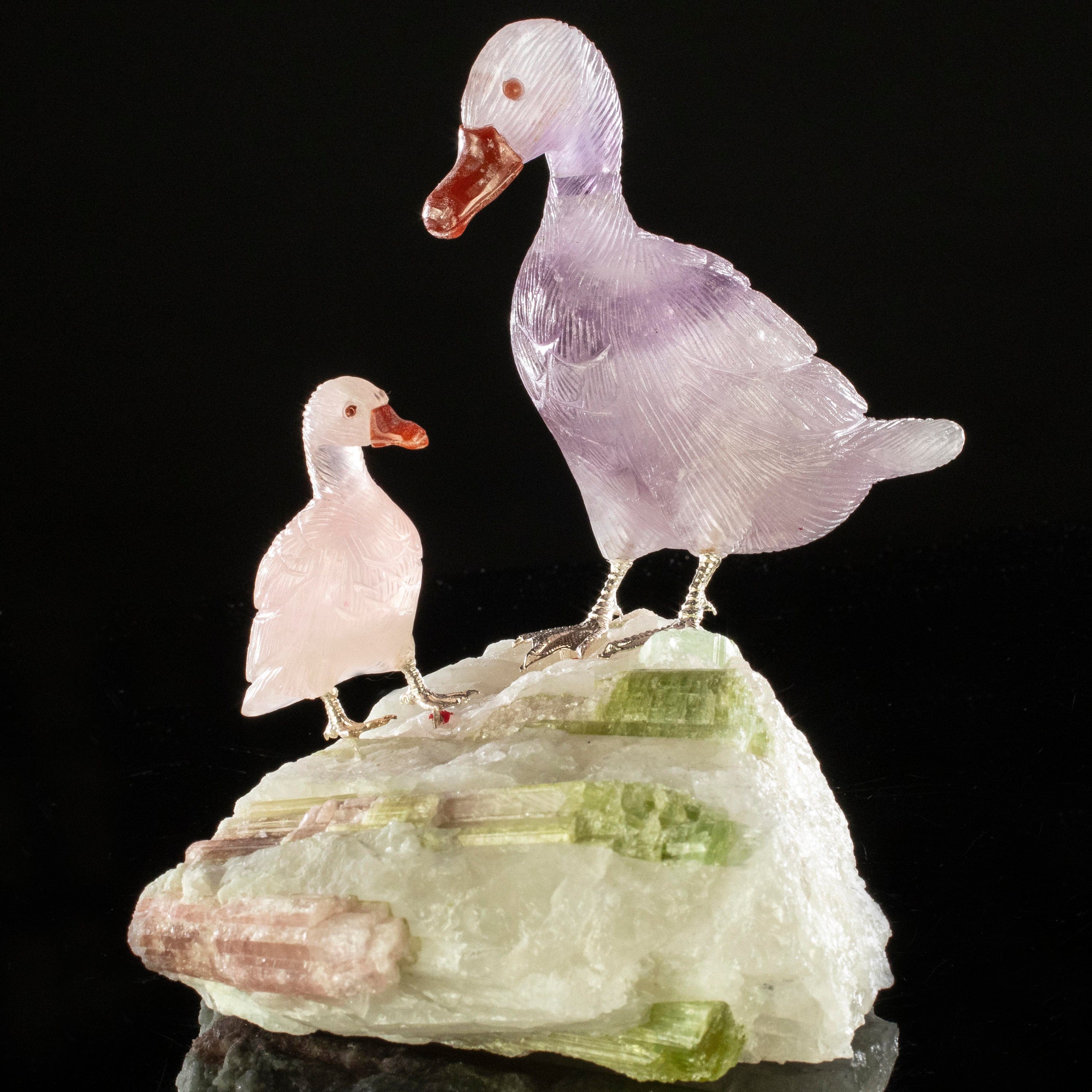 Kalifano Love Birds Carvings Amethyst and Rose Quartz Duck Couple Love Birds Carving on Watermelon Tourmaline Base LB.D216.001