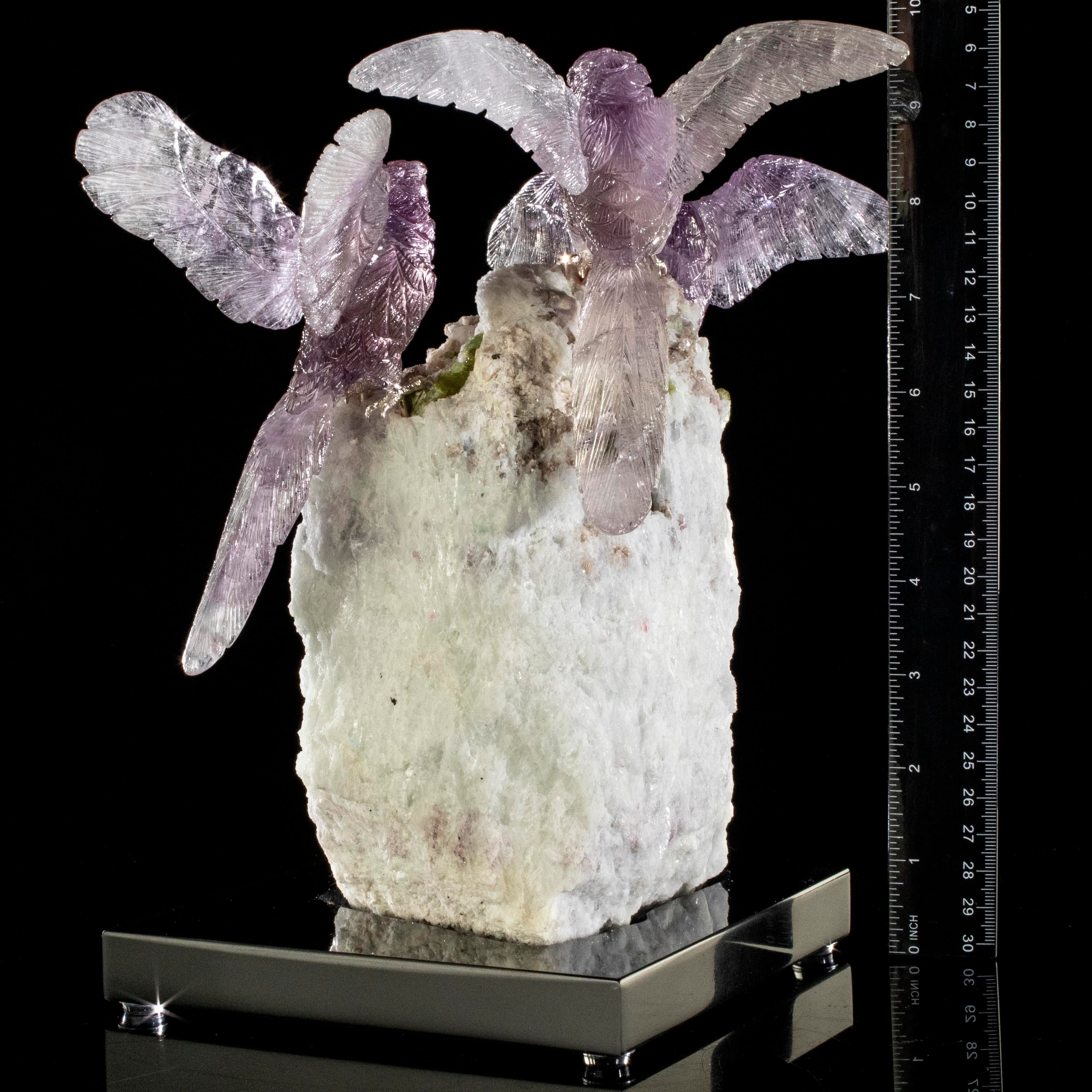Kalifano Love Birds Carvings Amethyst Macaw Family Love Birds Carving on Watermelon Tourmaline Base LB.B302.006