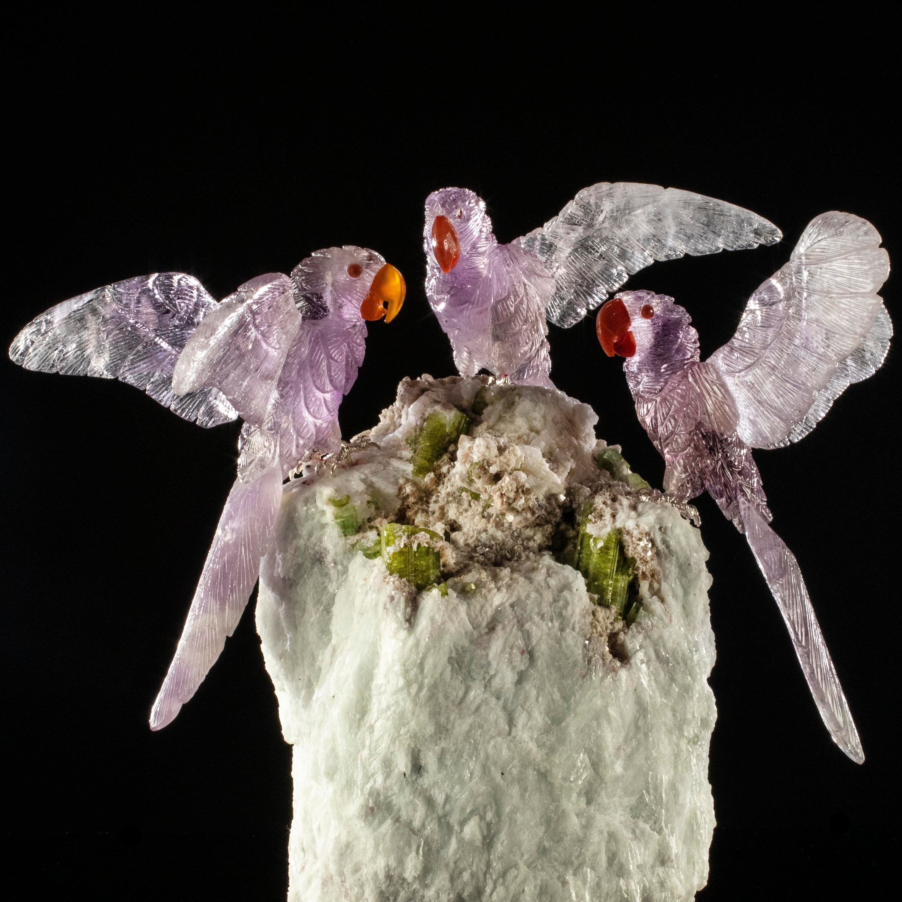 Kalifano Love Birds Carvings Amethyst Macaw Family Love Birds Carving on Watermelon Tourmaline Base LB.B302.006
