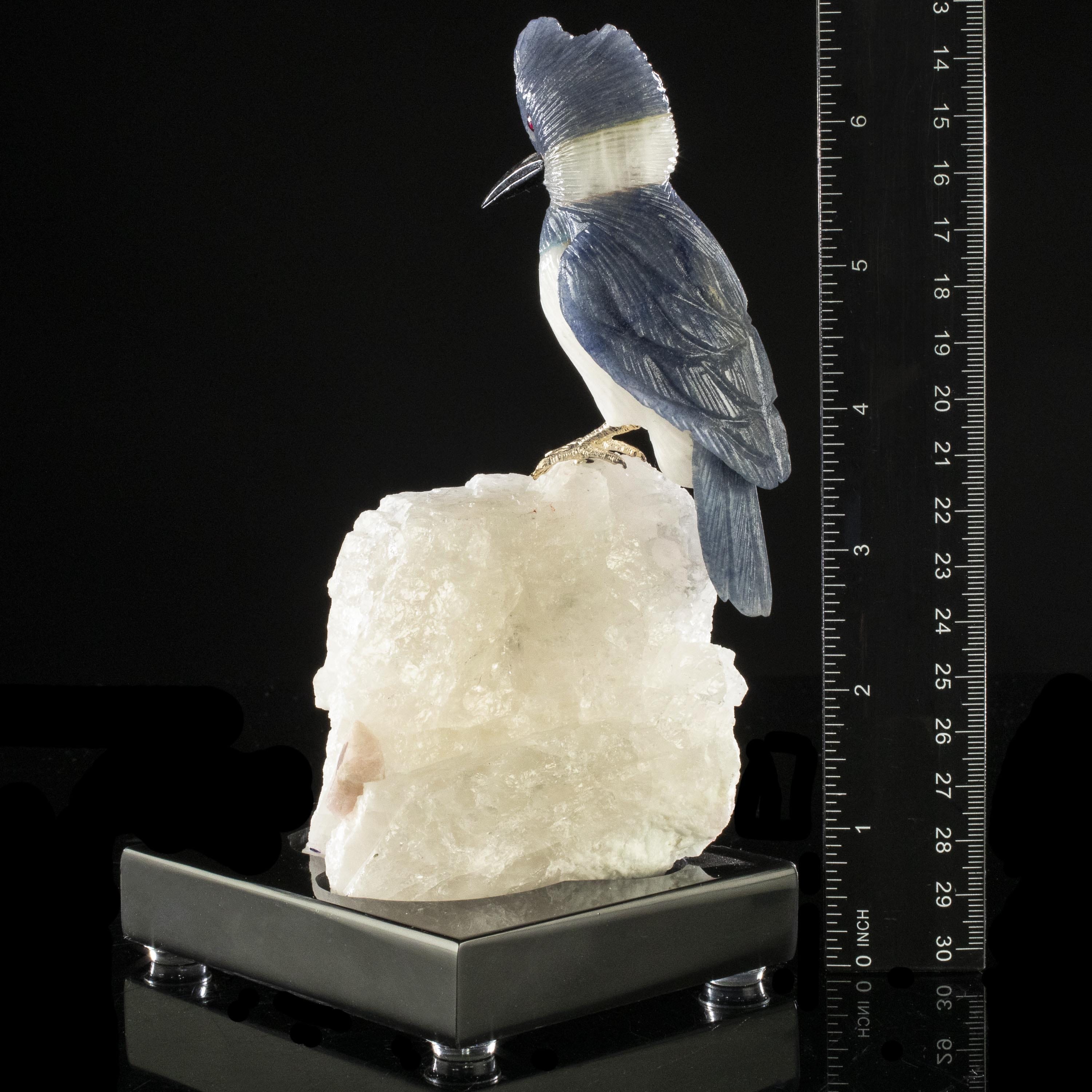 Kalifano Love Birds Carvings Dumortuorite Belted Kingfisher Love Birds Carving on Watermelon Tourmaline Base LB.A112.006