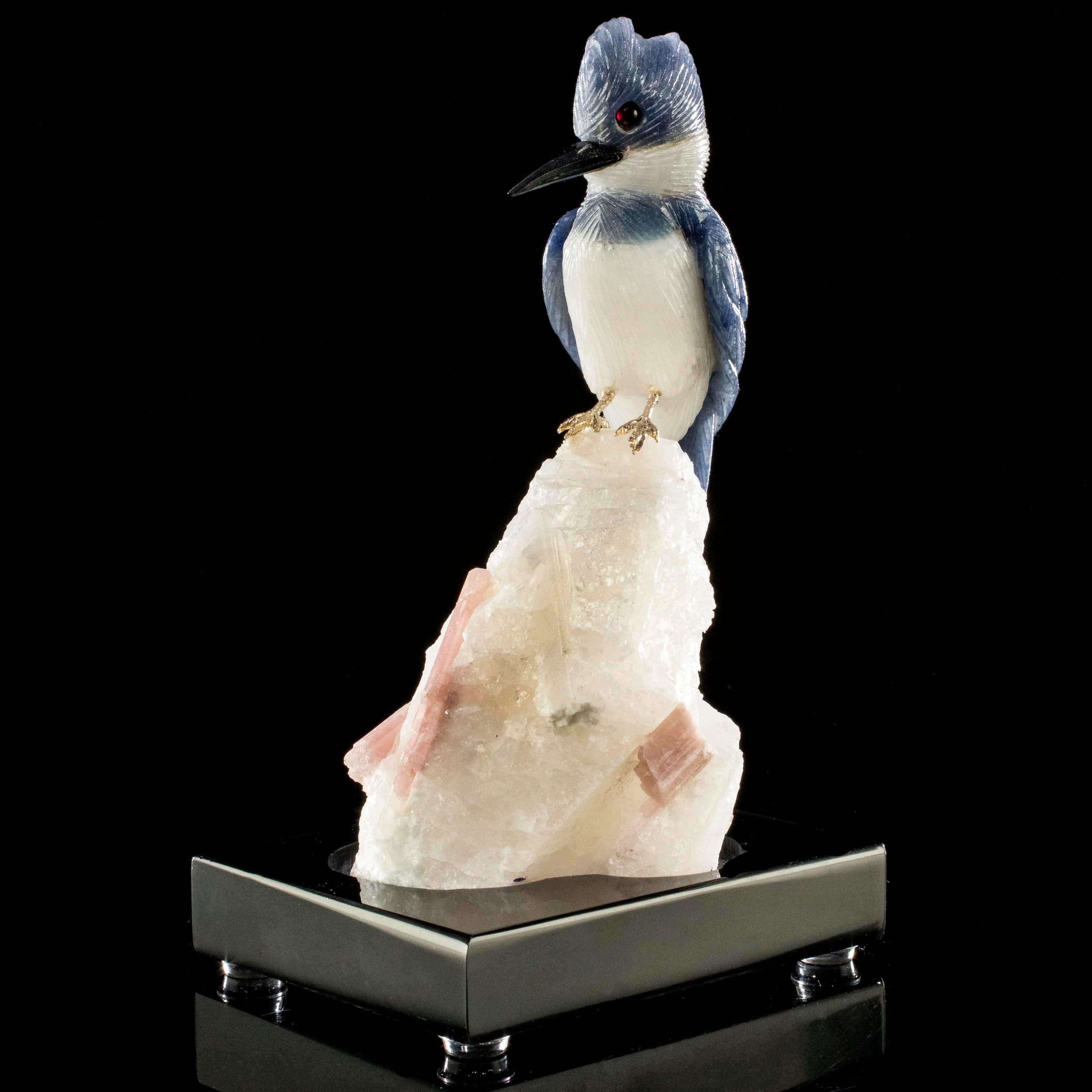 Kalifano Love Birds Carvings Dumortuorite Belted Kingfisher Love Birds Carving on Watermelon Tourmaline Base LB.A112.006