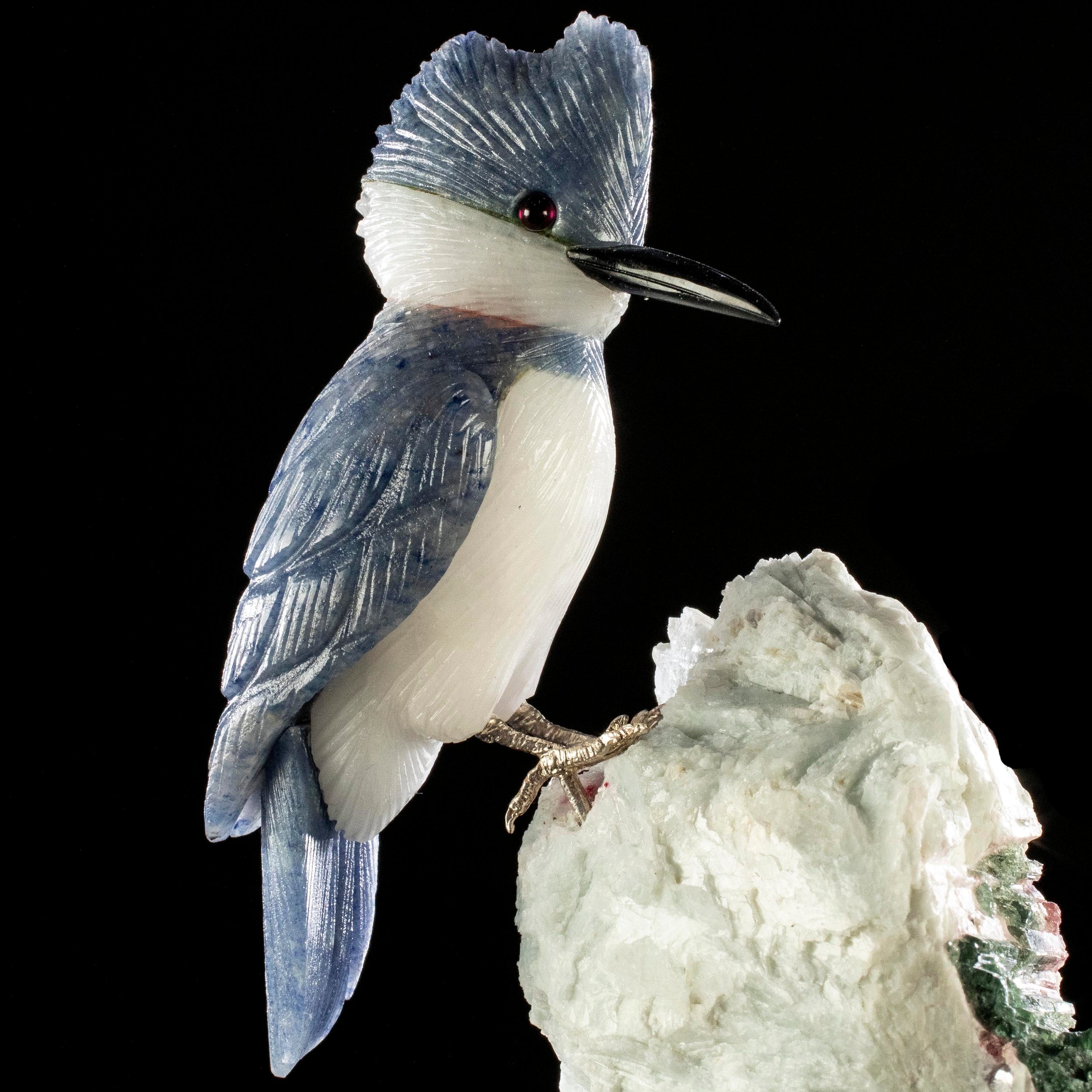 Kalifano Love Birds Carvings Dumortuorite Belted Kingfisher Love Birds Carving on Watermelon Tourmaline Base LB.A112.007