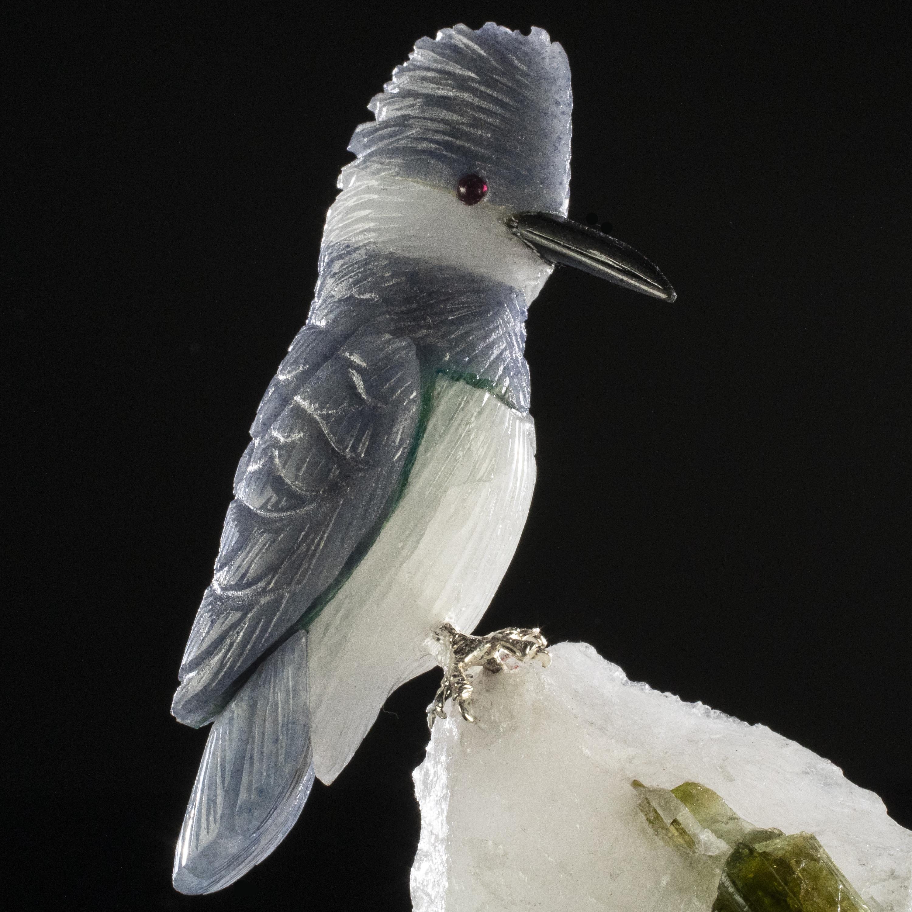 Kalifano Love Birds Carvings Dumortuorite Kingfisher Love Birds Carving on Watermelon Tourmaline Base LB.C130.002