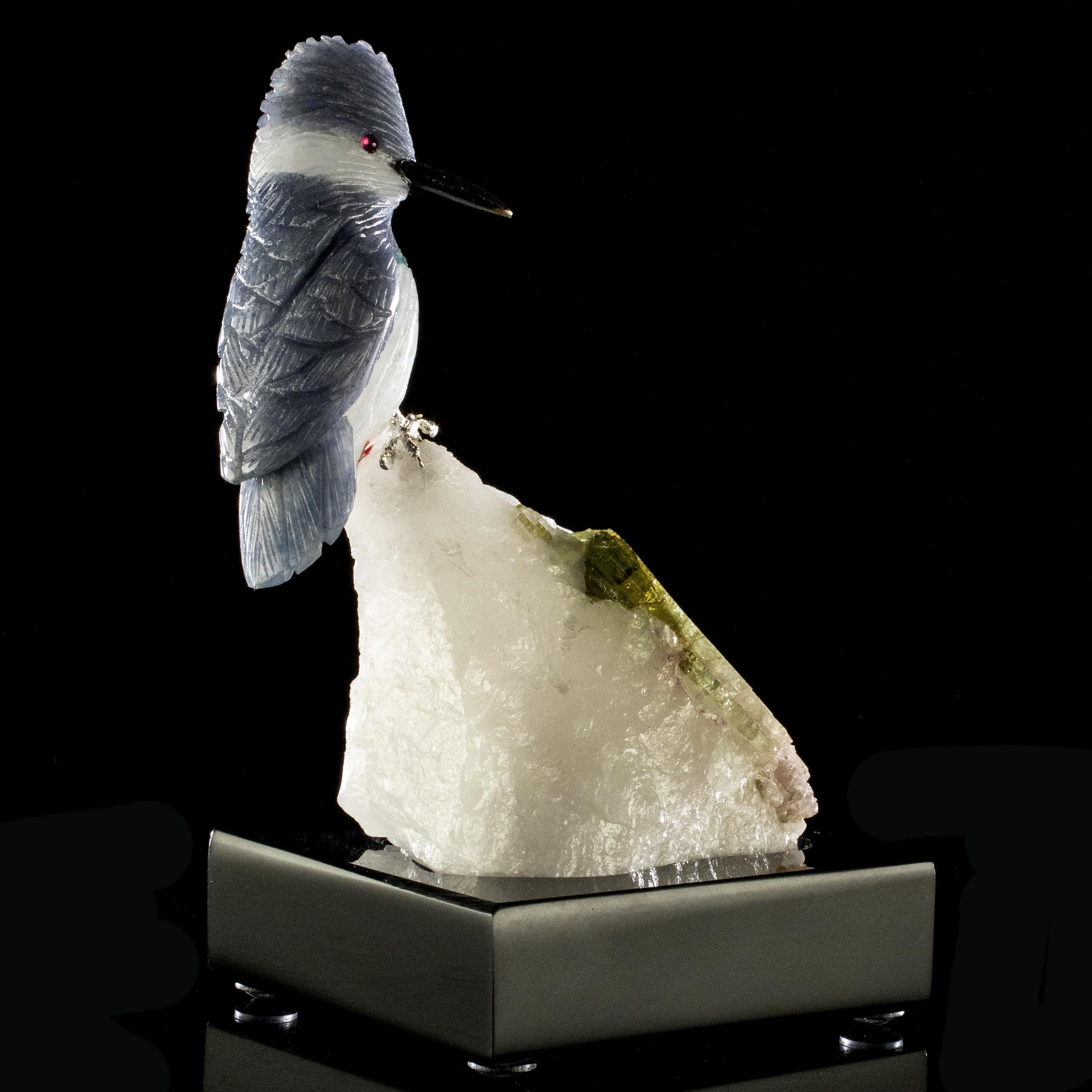 Kalifano Love Birds Carvings Dumortuorite Kingfisher Love Birds Carving on Watermelon Tourmaline Base LB.C130.002