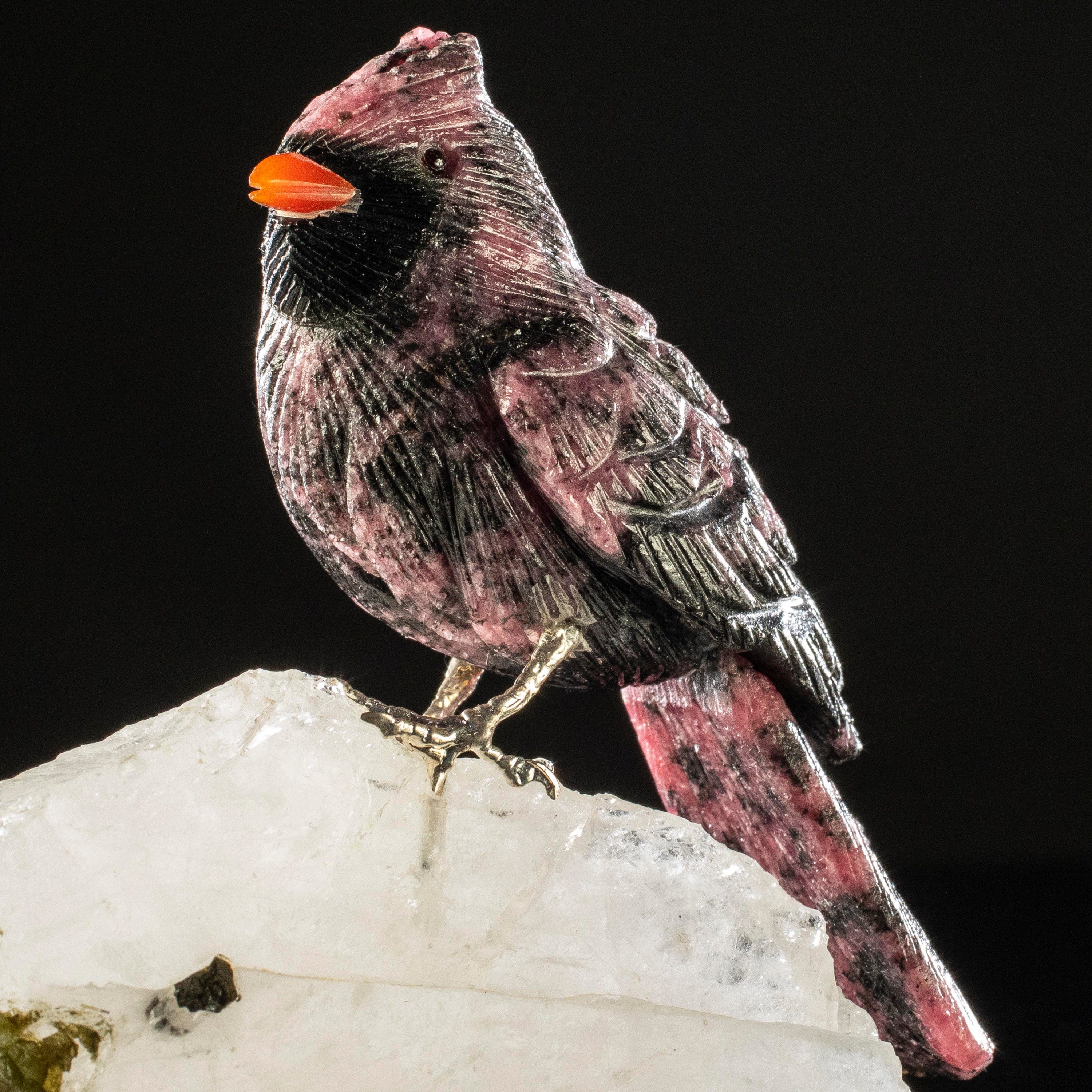Kalifano Love Birds Carvings Rhodonite Cardinal Love Birds Carving on Watermelon Tourmaline Base LB.A123.007