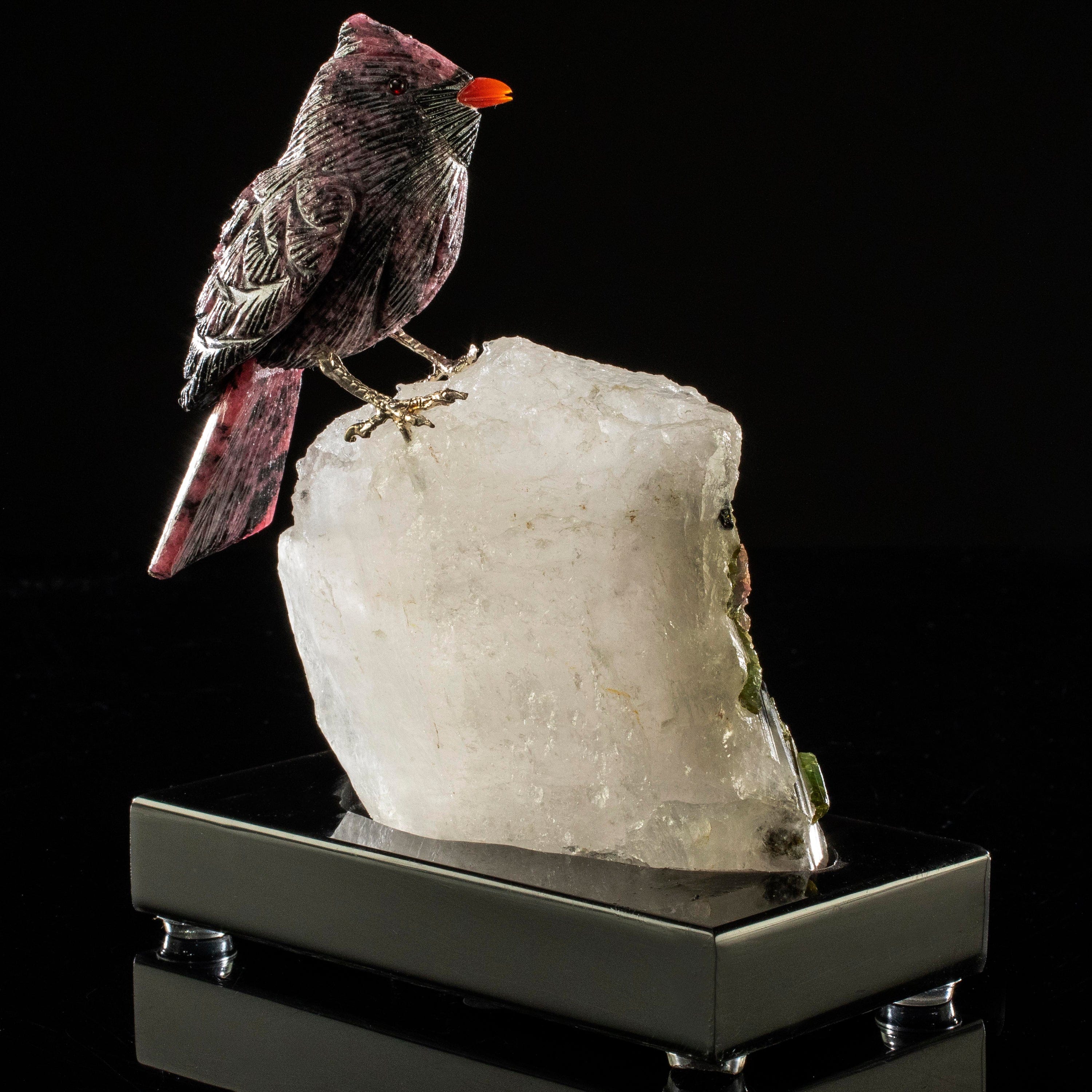 Kalifano Love Birds Carvings Rhodonite Cardinal Love Birds Carving on Watermelon Tourmaline Base LB.A123.007