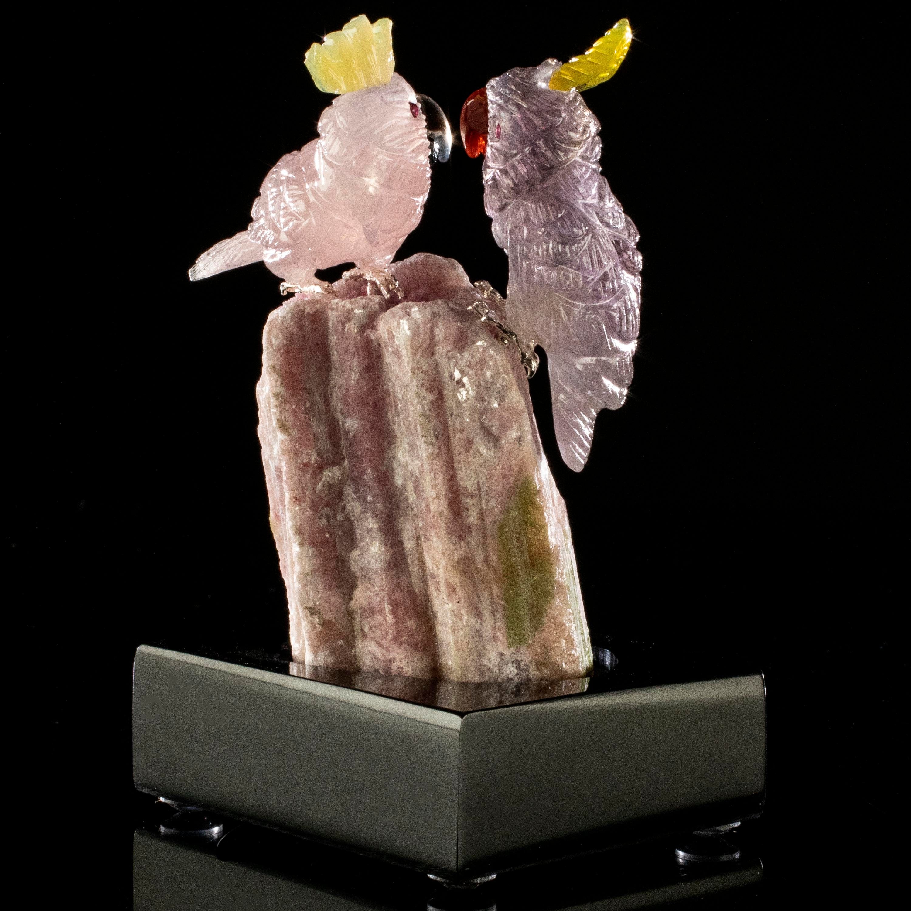 Kalifano Love Birds Carvings Rose Quartz and Amethyst Cockatoo Couple Love Birds Carving on Watermelon Tourmaline Base LB.C205.012