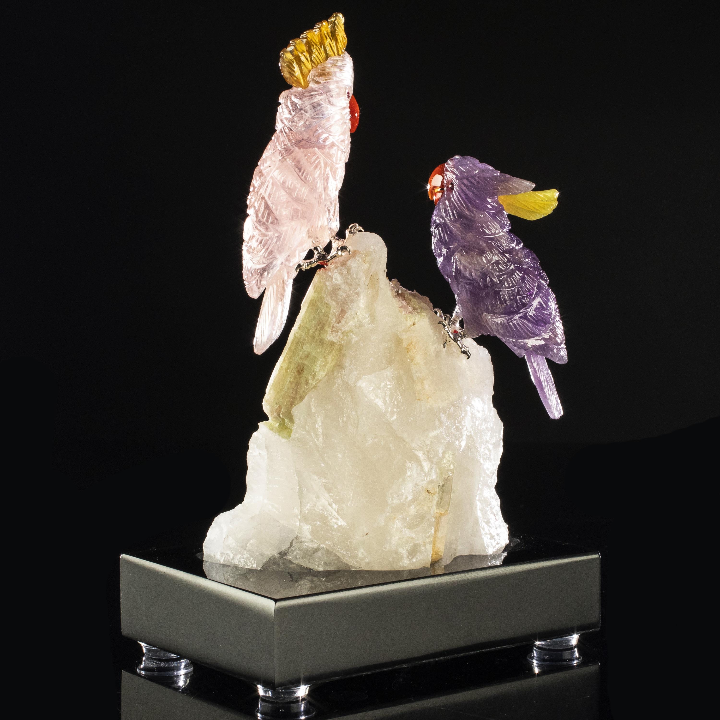 Kalifano Love Birds Carvings Rose Quartz and Amethyst Cockatoo Couple Love Birds Carving on Watermelon Tourmaline Base LB.C405.009
