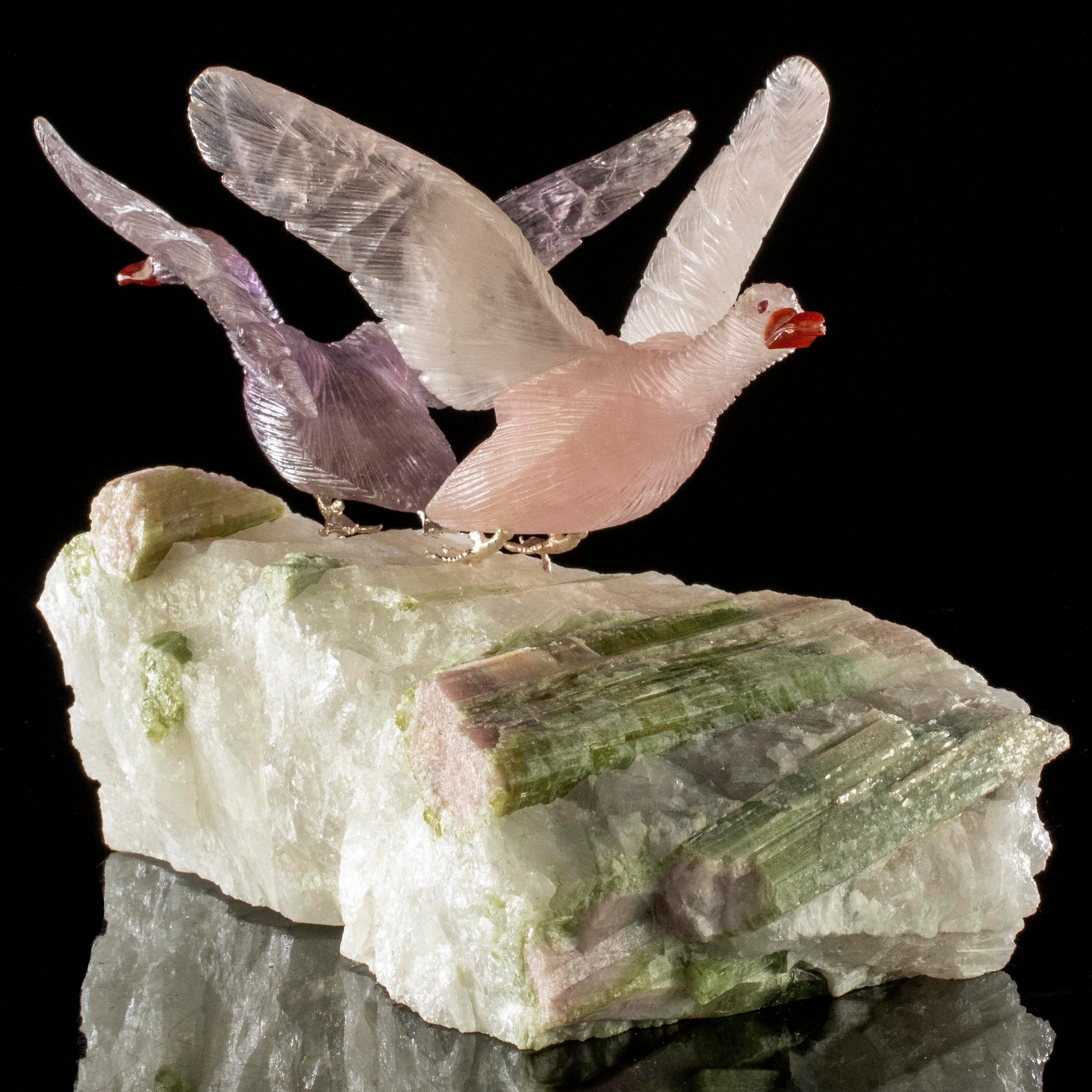 Kalifano Love Birds Carvings Rose Quartz and Amethyst Goose Couple Love Birds Carving on Watermelon Tourmaline Base LB.A238.006