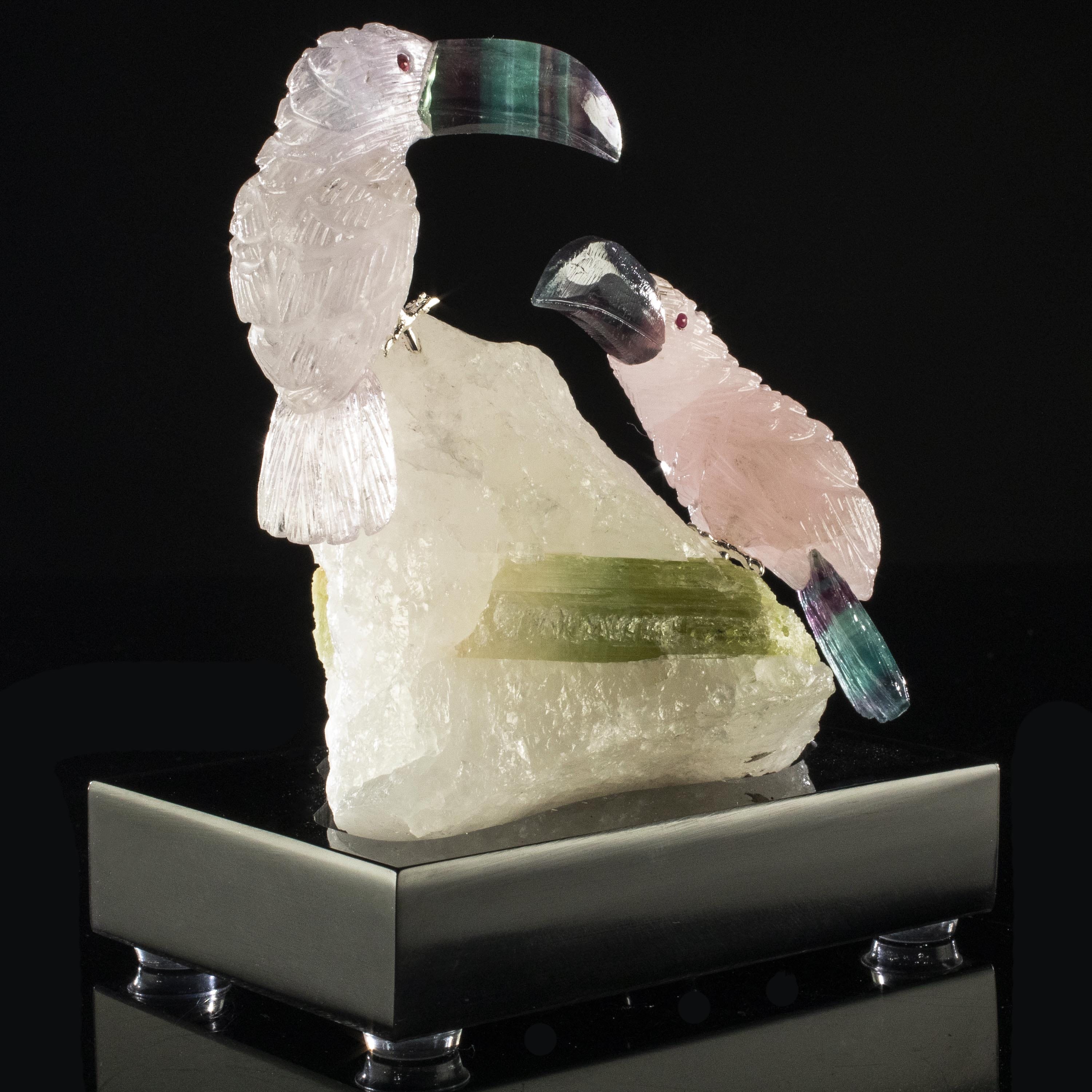 Kalifano Love Birds Carvings Rose Quartz and Amethyst Toucan Couple Love Birds Carving on Tourmaline Base LB.C222.007
