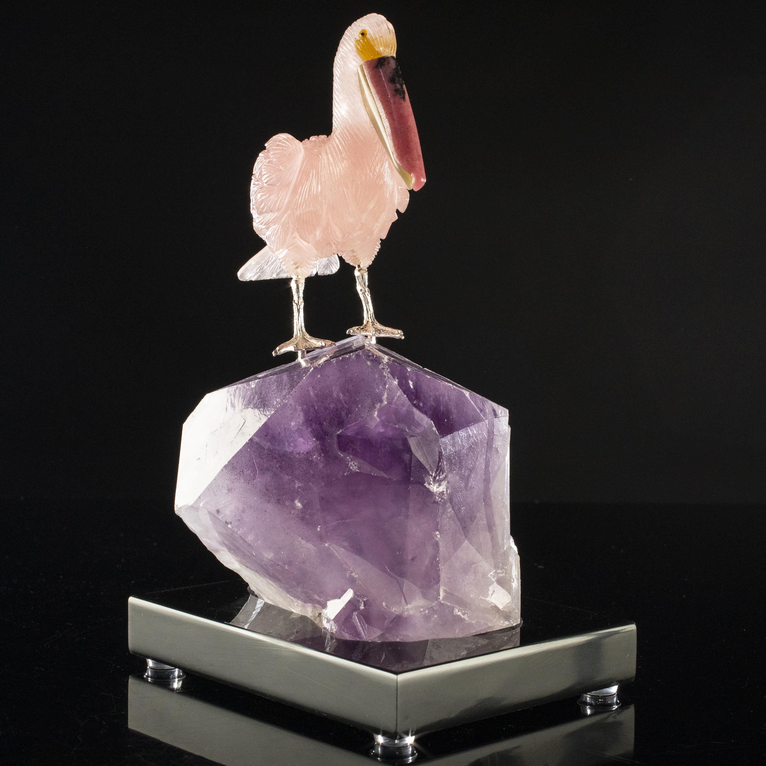 Kalifano Love Birds Carvings Rose Quartz Pelican Love Birds Carving on Amethyst Point Base LB.A107.005