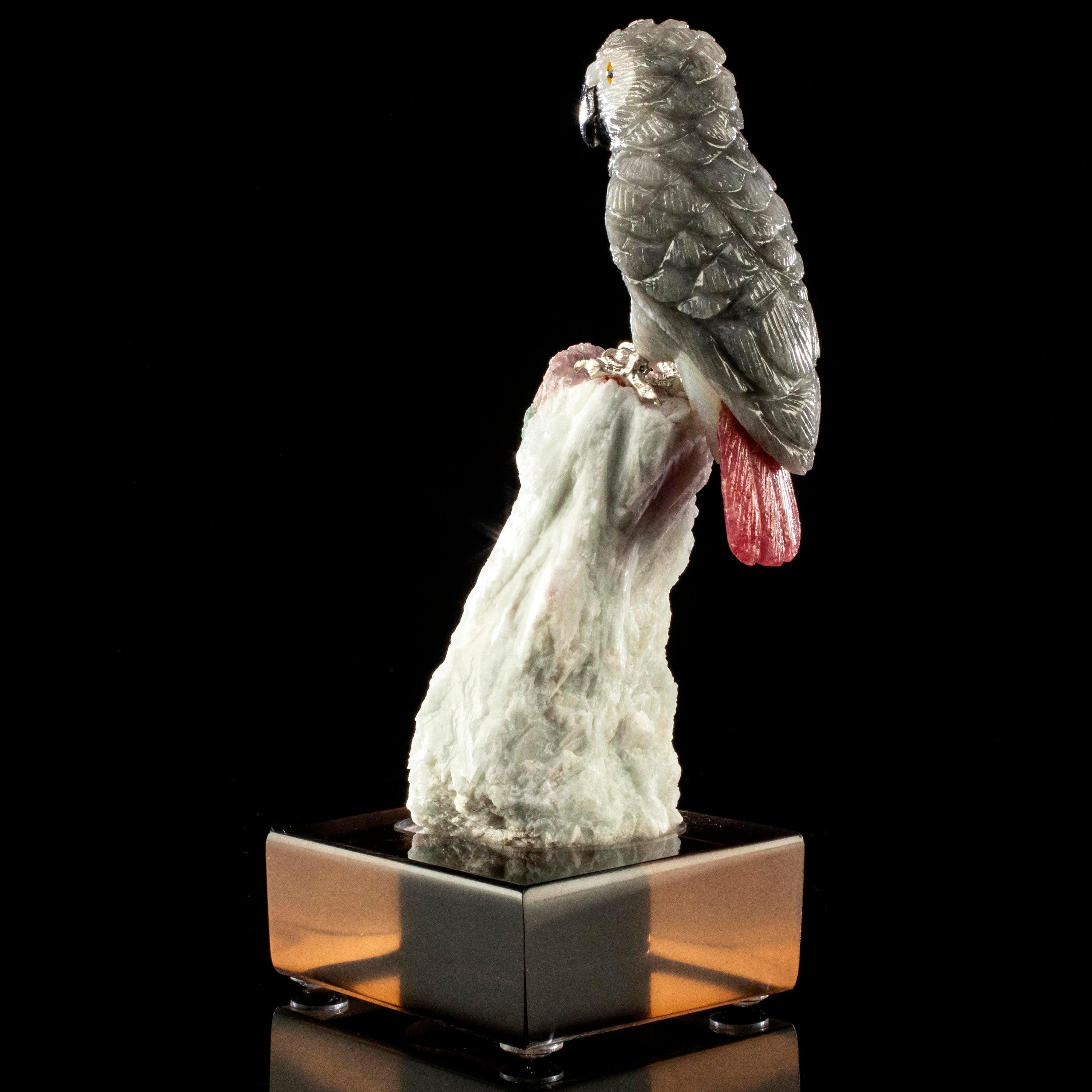 Kalifano Love Birds Carvings Smoky Quartz and Rhodonite African Grey Parrot Love Birds Carving on Watermelon Tourmaline Base LB.B143.001
