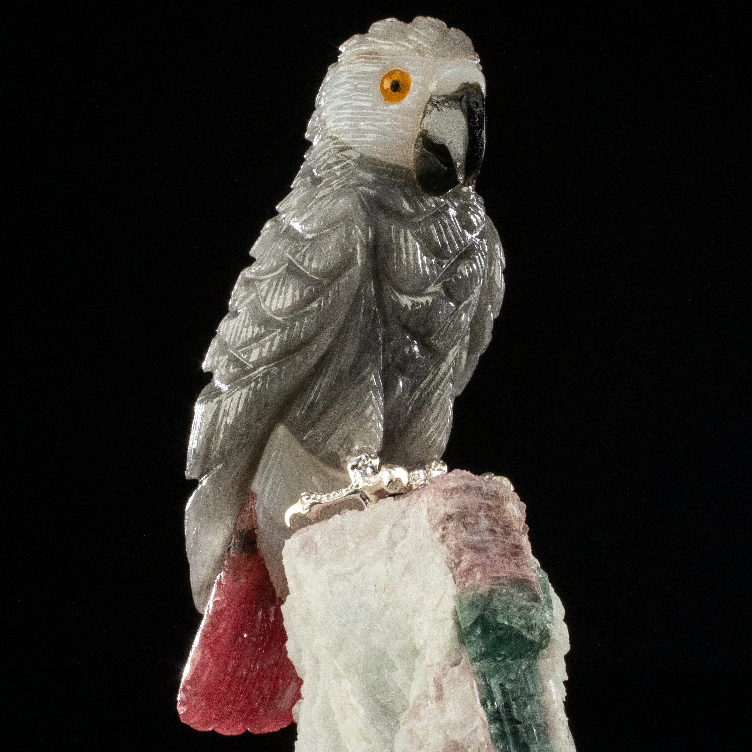 Kalifano Love Birds Carvings Smoky Quartz and Rhodonite African Grey Parrot Love Birds Carving on Watermelon Tourmaline Base LB.B143.001