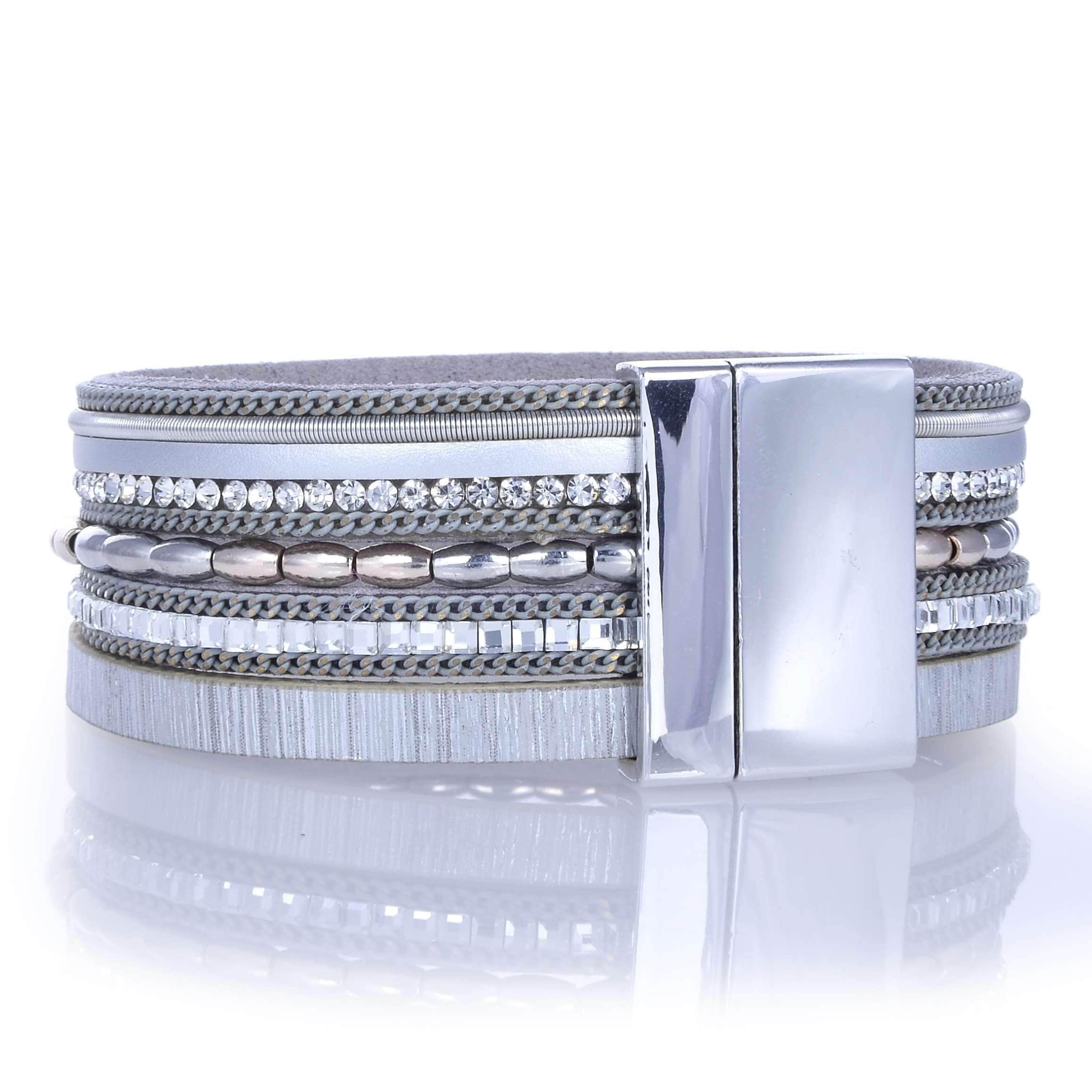 Kalifano Multiwrap Bracelets Multiple Layer Leather Strand Bracelet Silver With Magnetic Clasp BMW-06-SR