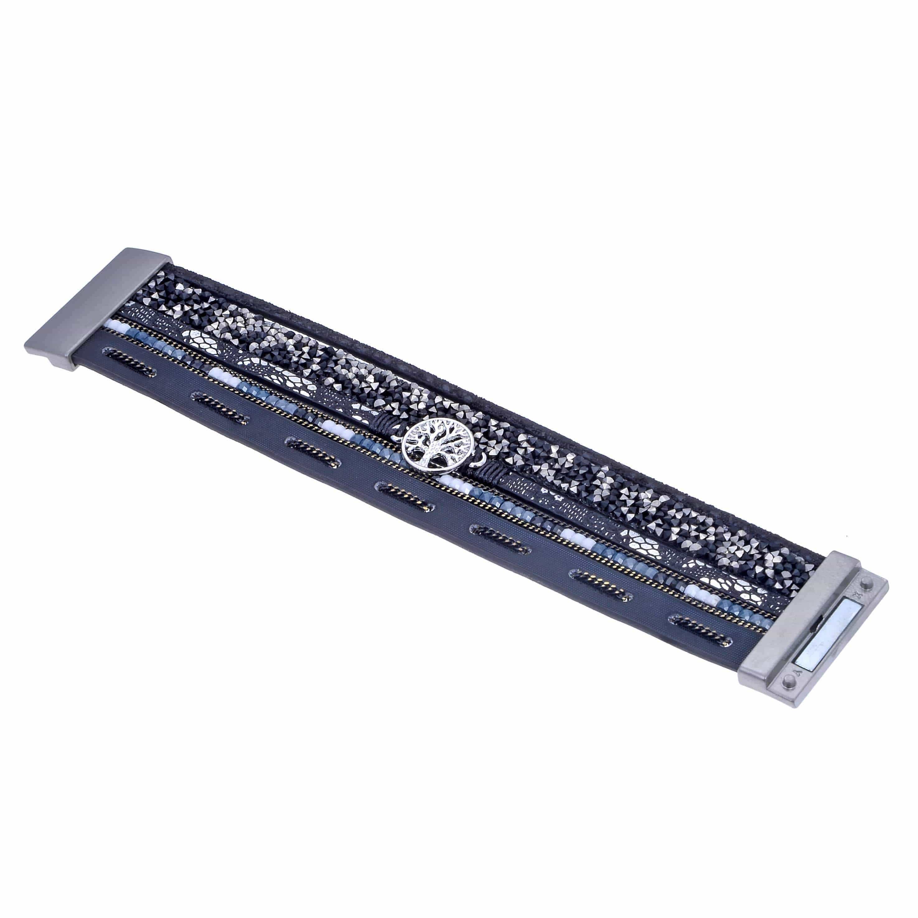 Kalifano Multiwrap Bracelets Multiple Layer Mosaic Crystal Leather Strand Bracelet Black With Magnetic Clasp BMW-08-BK