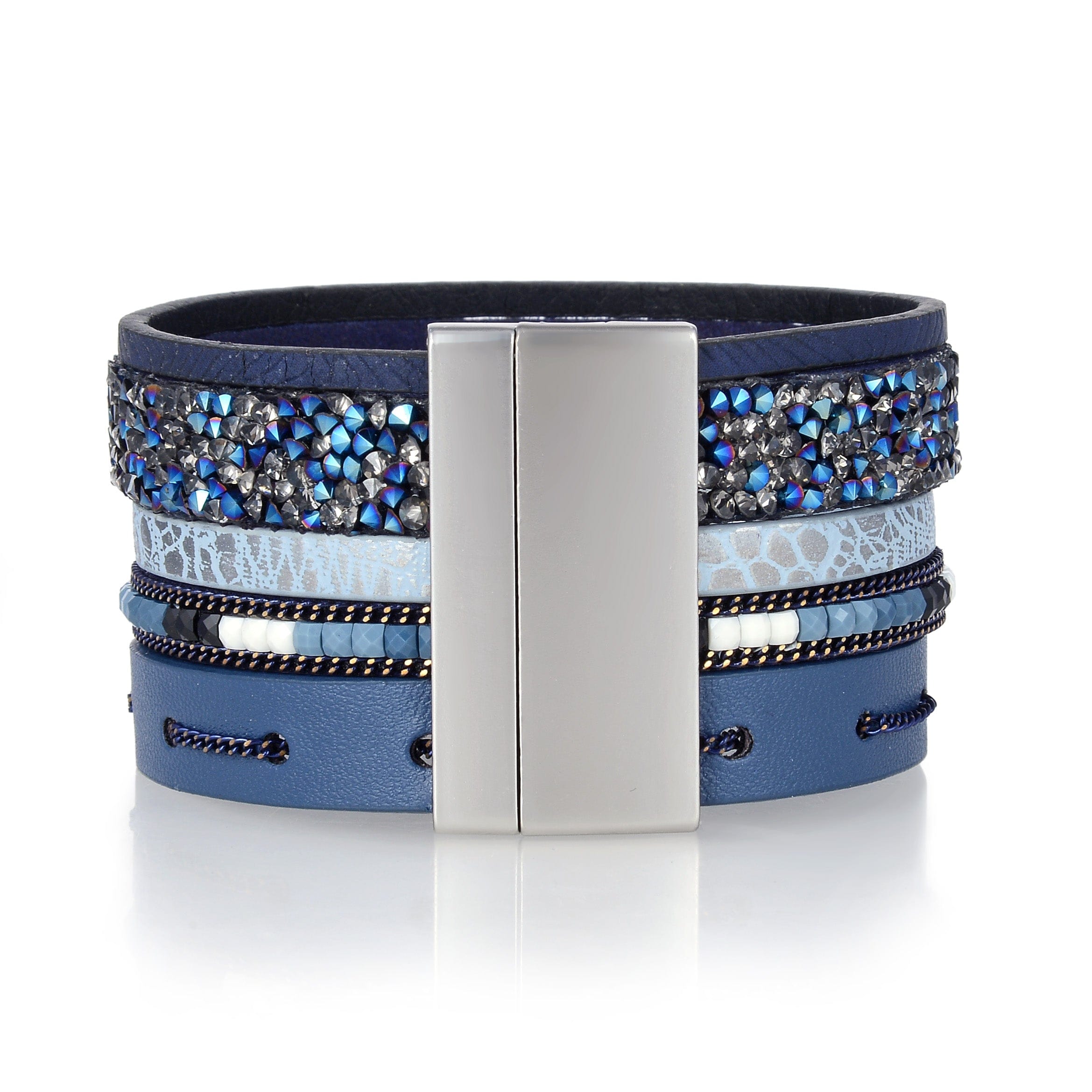 Kalifano Multiwrap Bracelets Multiple Layer Mosaic Crystal Leather Strand Bracelet Navy Blue With Magnetic Clasp BMW-08-NY