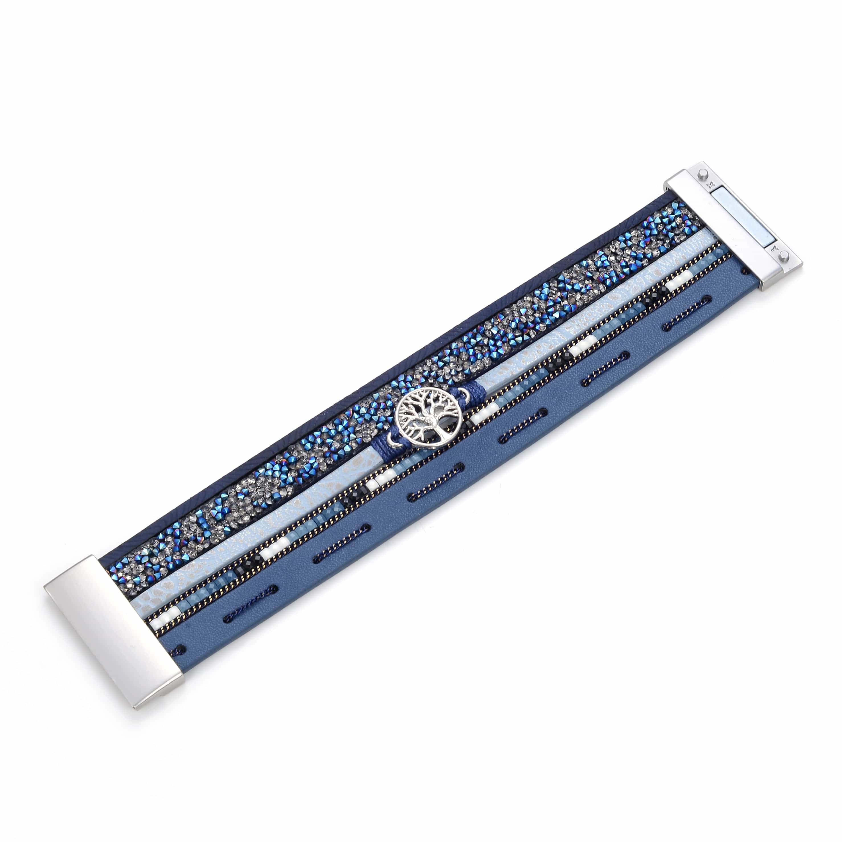 Kalifano Multiwrap Bracelets Multiple Layer Mosaic Crystal Leather Strand Bracelet Navy Blue With Magnetic Clasp BMW-08-NY