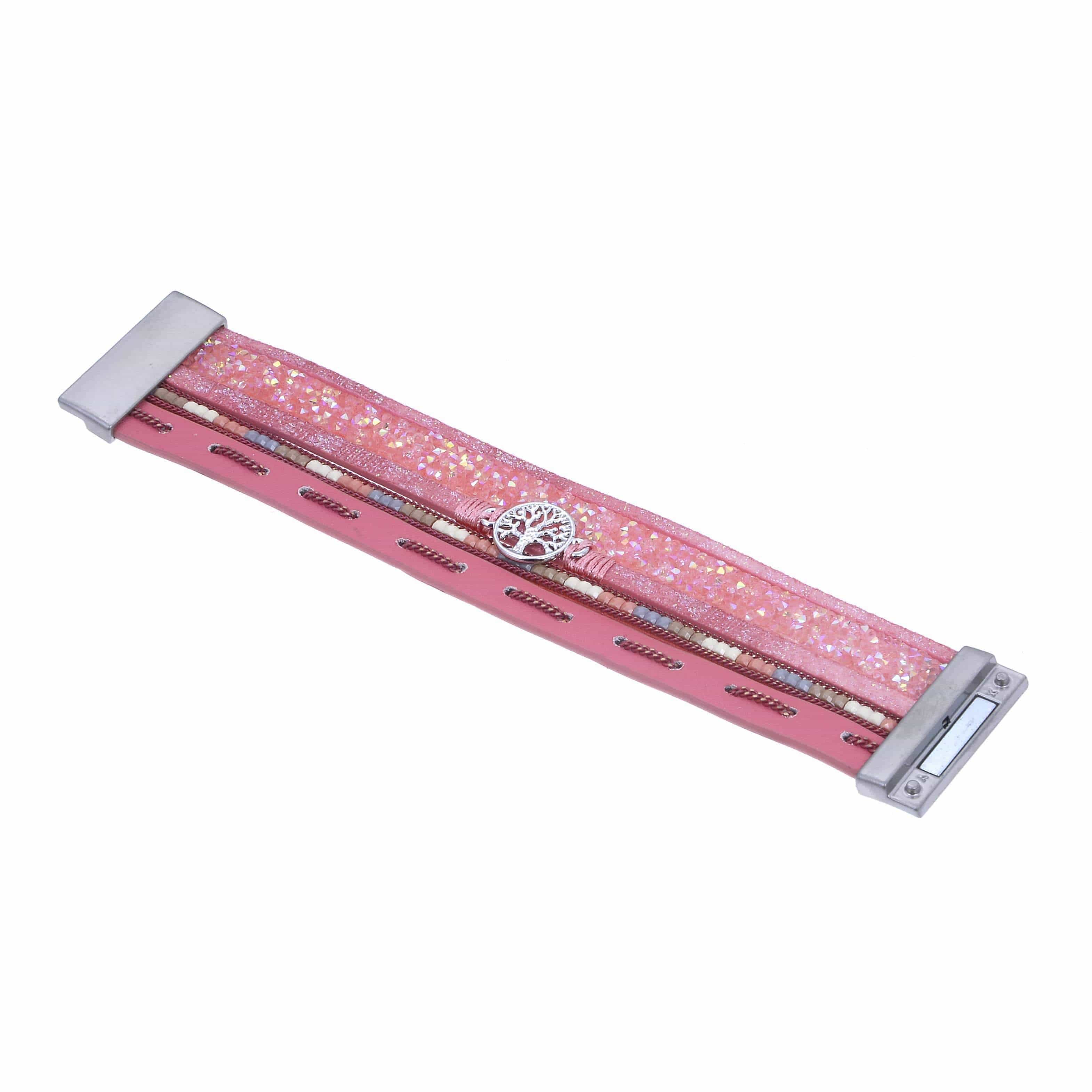 Kalifano Multiwrap Bracelets Multiple Layer Mosaic Crystal Leather Strand Bracelet Pink With Magnetic Clasp BMW-08-PK
