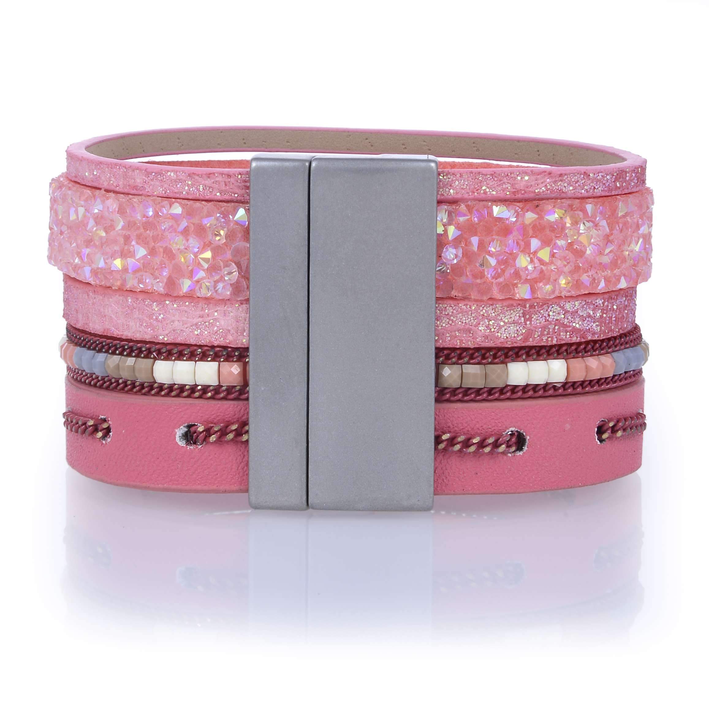 Kalifano Multiwrap Bracelets Multiple Layer Mosaic Crystal Leather Strand Bracelet Pink With Magnetic Clasp BMW-08-PK