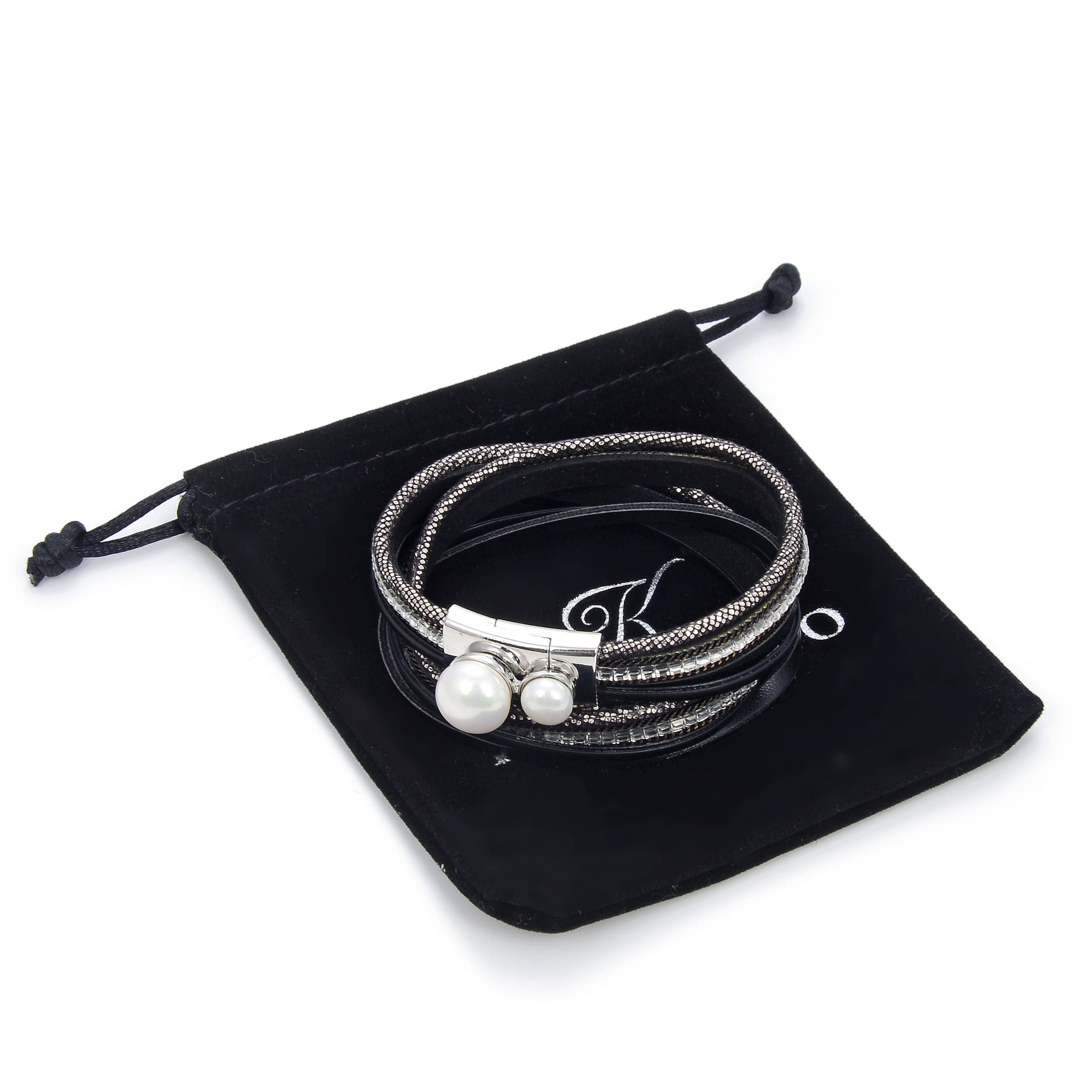 Kalifano Multiwrap Bracelets Multiple Strand Black Bracelet with Natural Gemstone and Magnetic Clasp BMW-35-BK