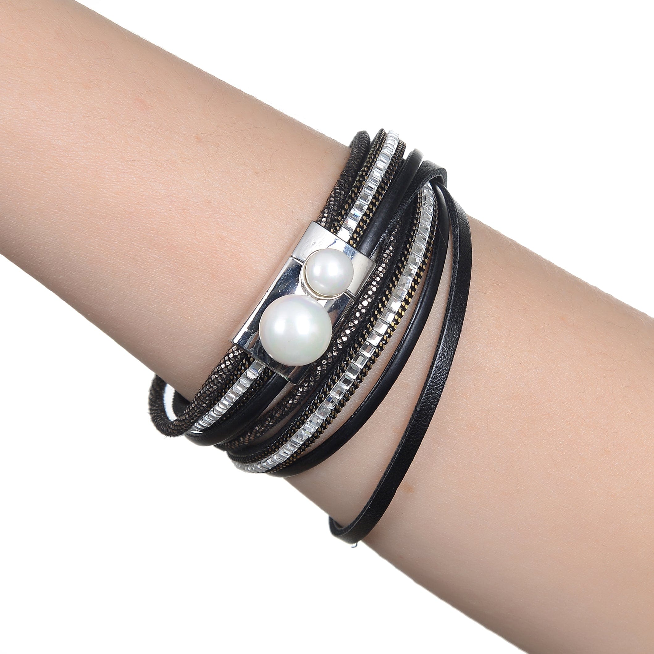 Kalifano Multiwrap Bracelets Multiple Strand Black Bracelet with Natural Gemstone and Magnetic Clasp BMW-35-BK