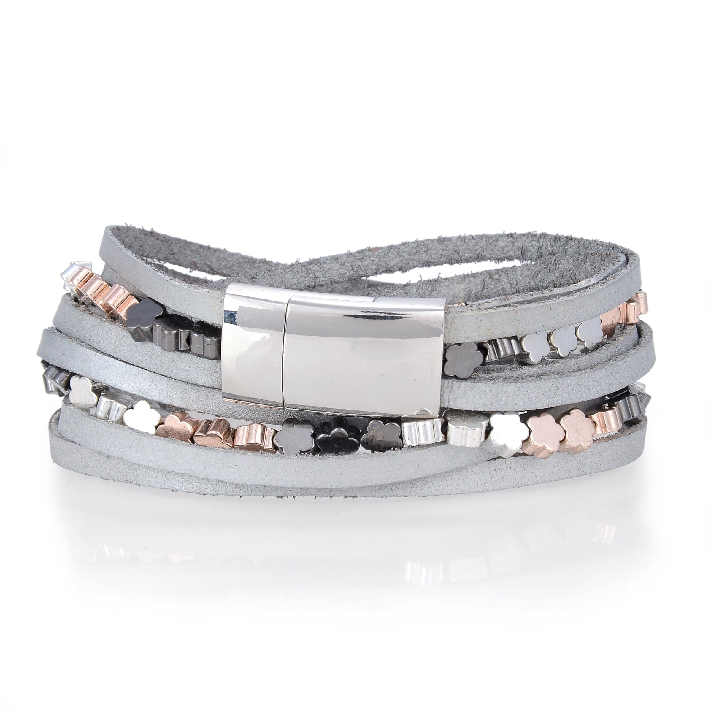 Kalifano Multiwrap Bracelets Multiple Strand Bracelet with Gray Leather and Magnetic Clasp BMW-33-GY