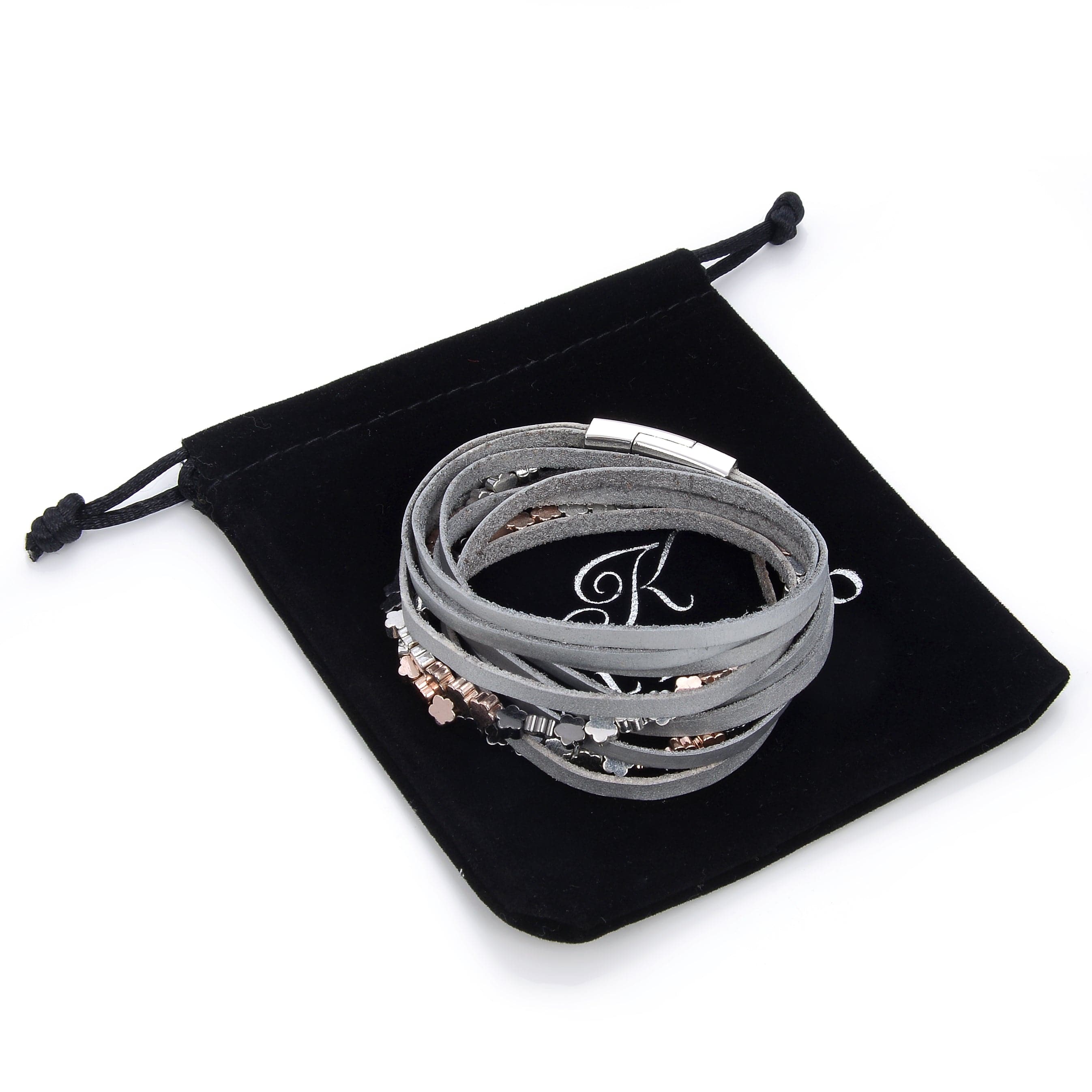 Kalifano Multiwrap Bracelets Multiple Strand Bracelet with Gray Leather and Magnetic Clasp BMW-33-GY