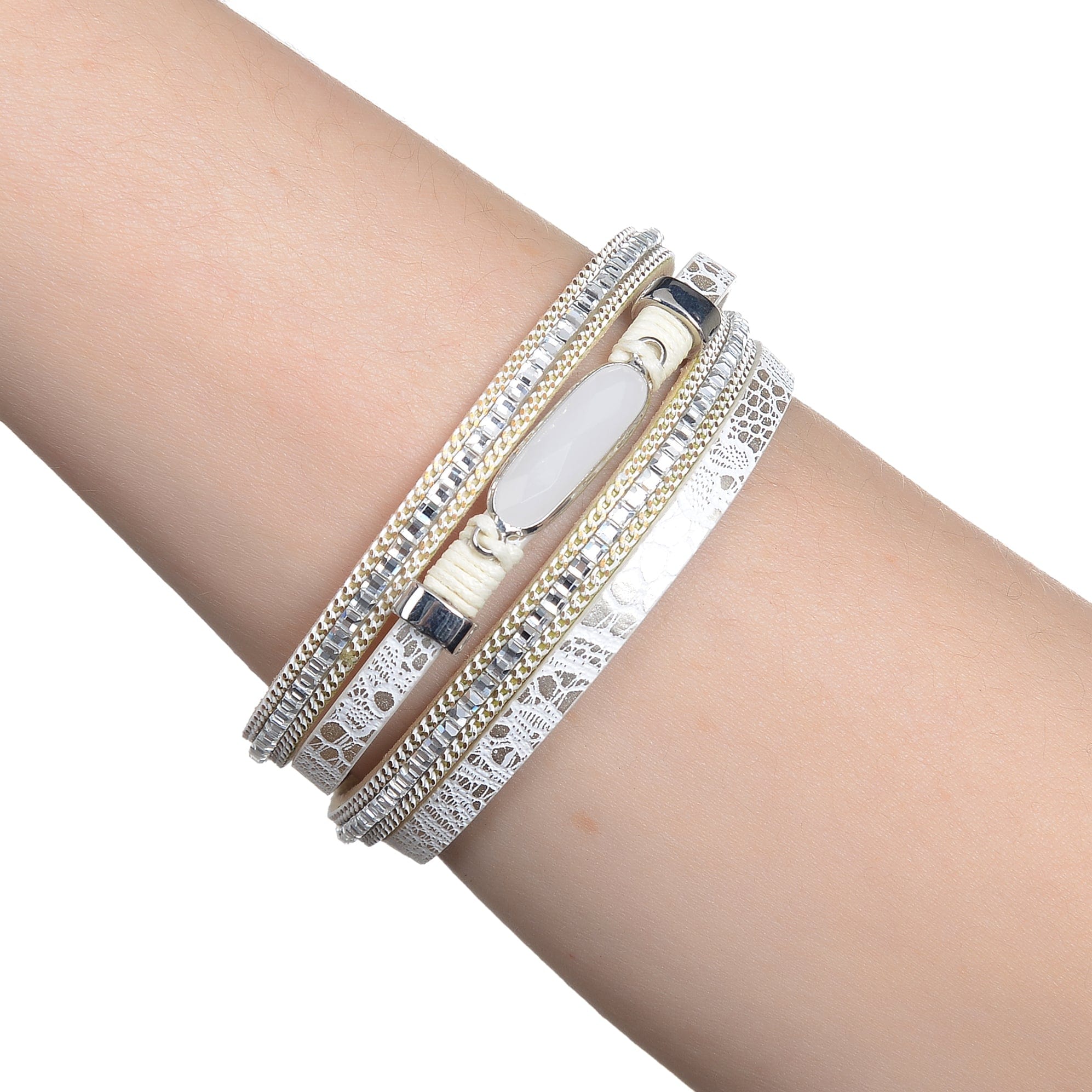 Kalifano Multiwrap Bracelets Multiple Strand White Bracelet with Natural Gemstone and Magnetic Clasp BMW-31-WE