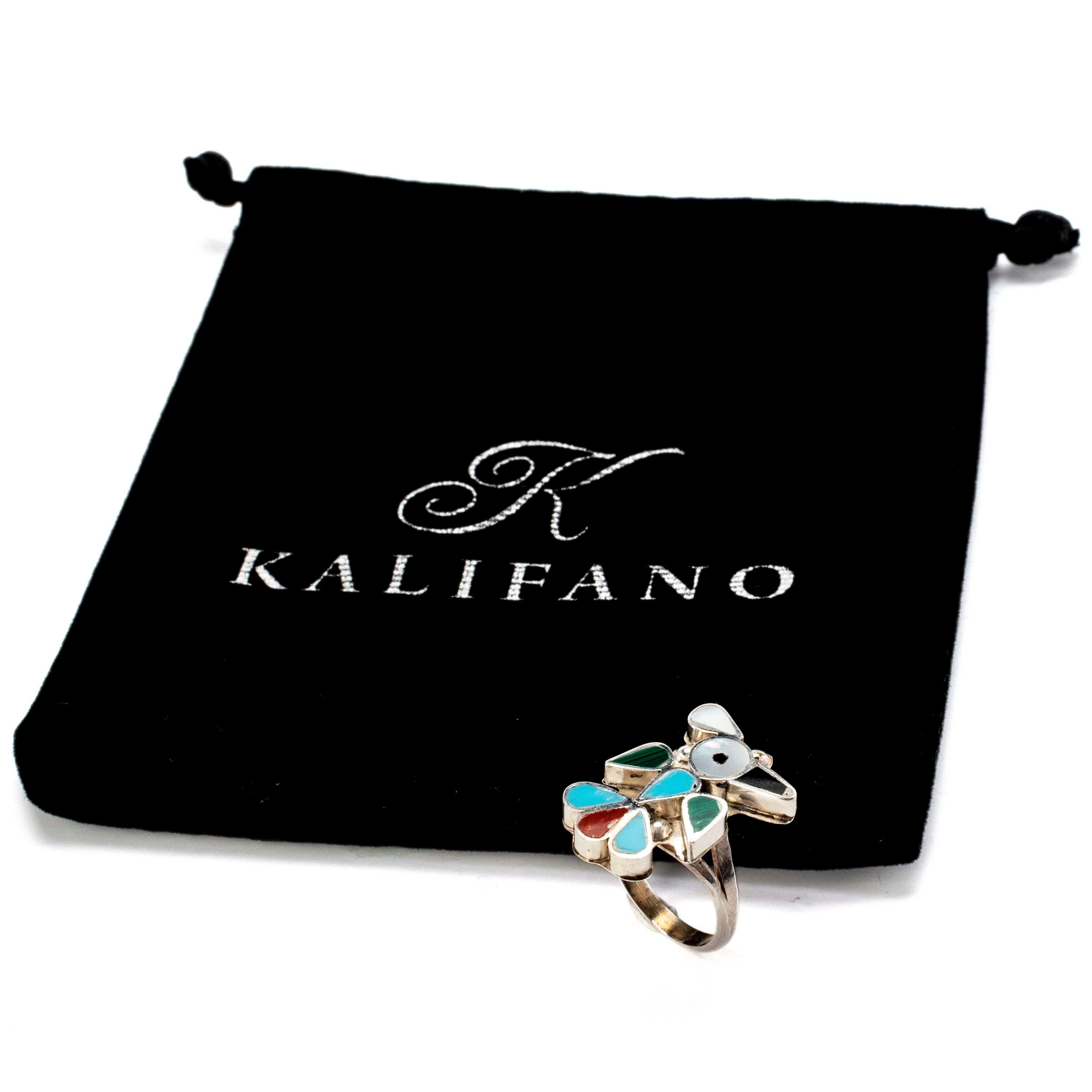 Kalifano Native American Jewelry 5.5 Pino Yunie Zuni Peyote Bird with Mother of Pearl, Black Onyx, Coral, Malachite, and Turquoise USA Native American Made 925 Sterling Silver Ring NAR200.024.55