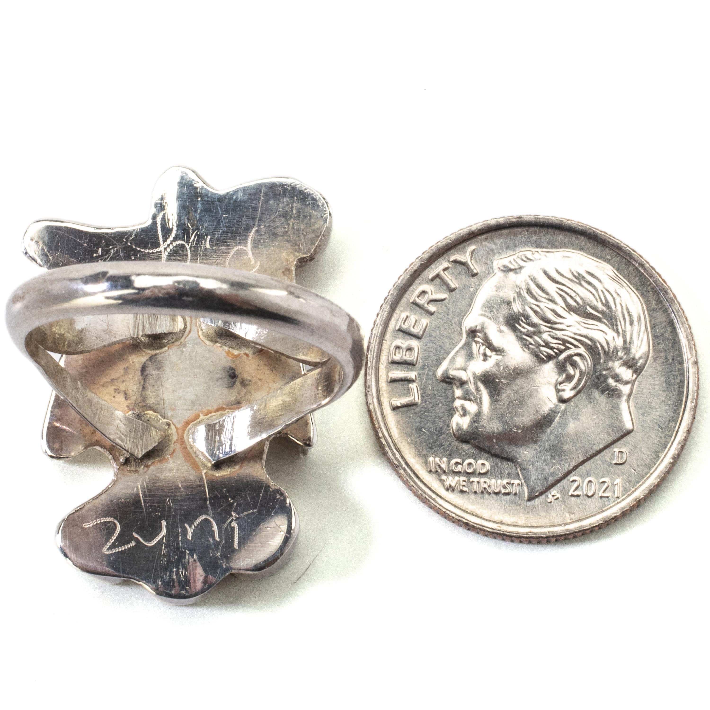 Kalifano Native American Jewelry 5.5 Pino Yunie Zuni Peyote Bird with Mother of Pearl, Black Onyx, Coral, Malachite, and Turquoise USA Native American Made 925 Sterling Silver Ring NAR200.024.55